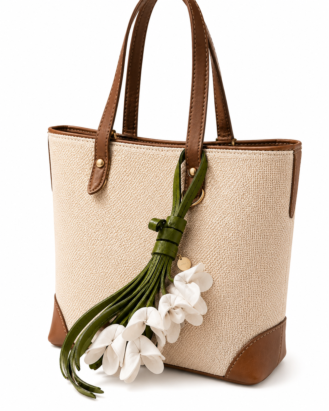 White Flower Bag Charm with Leather Tassel Keychain