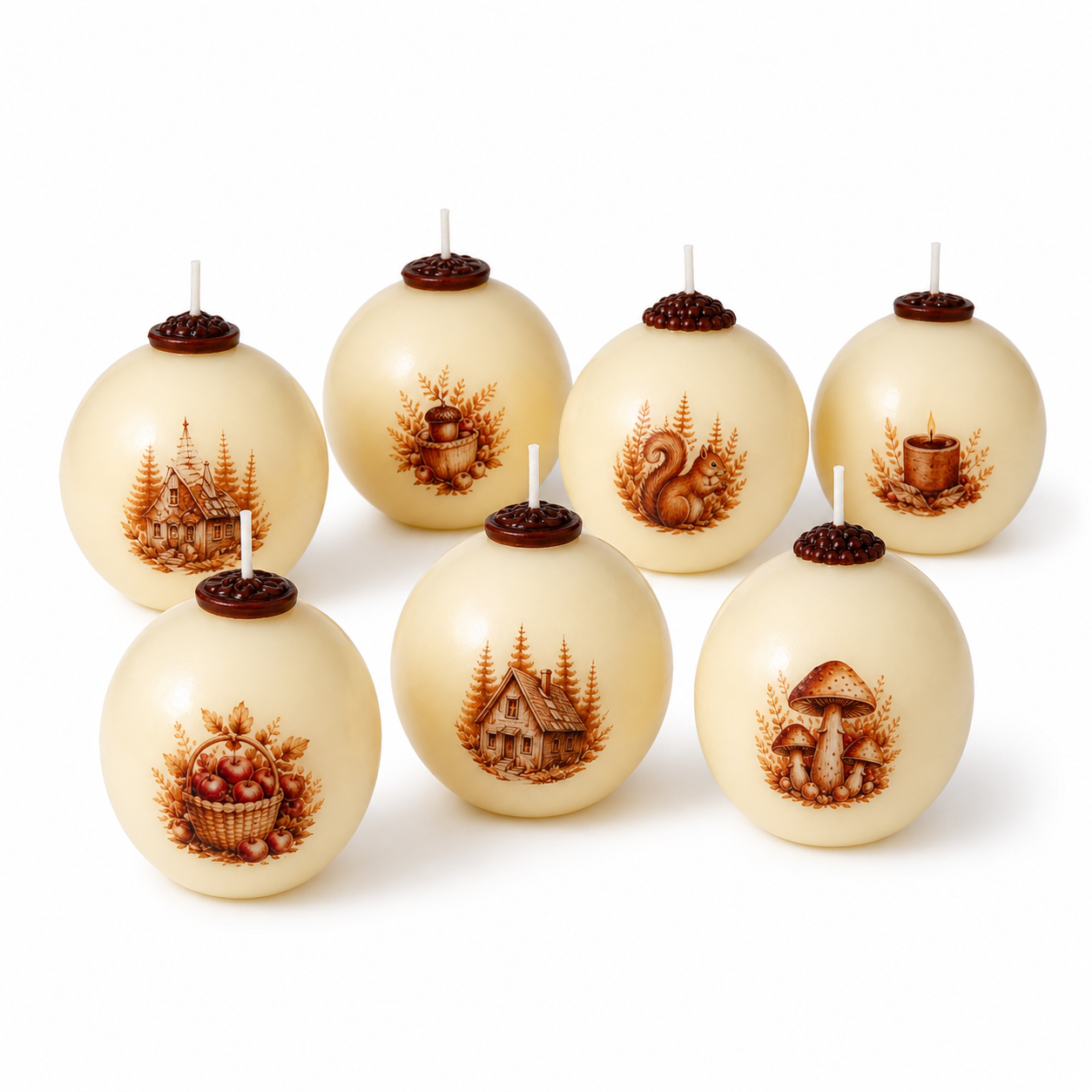 Fall decor sphere candle collection on clean white background