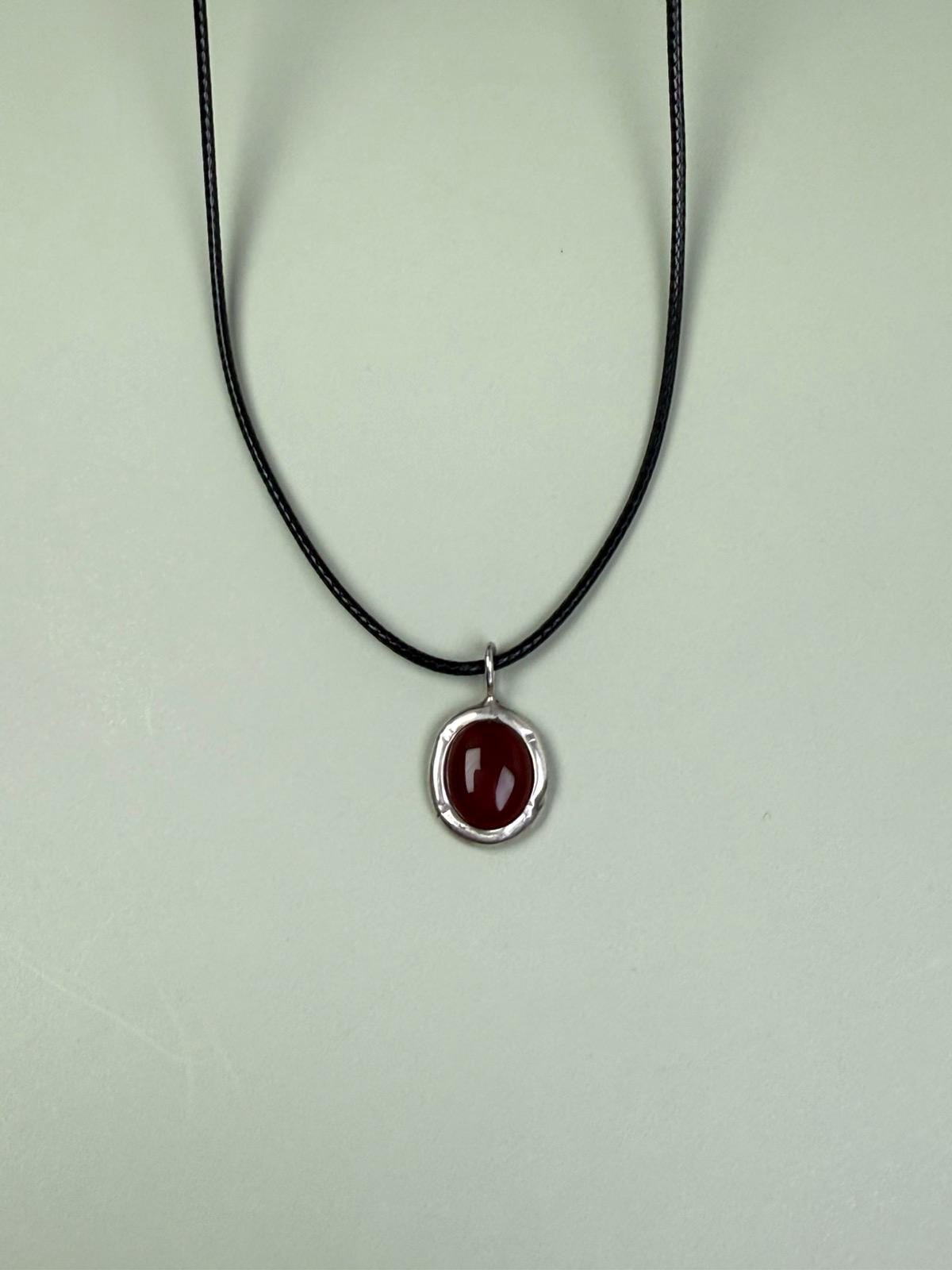 Carnelian necklace, Sterling silver, Oval carnelian, Carnelian pendant necklace, Black string necklace, Oval pendant, Black cord choker, Carnelian necklace, Waterproof Necklace, Adjustable length