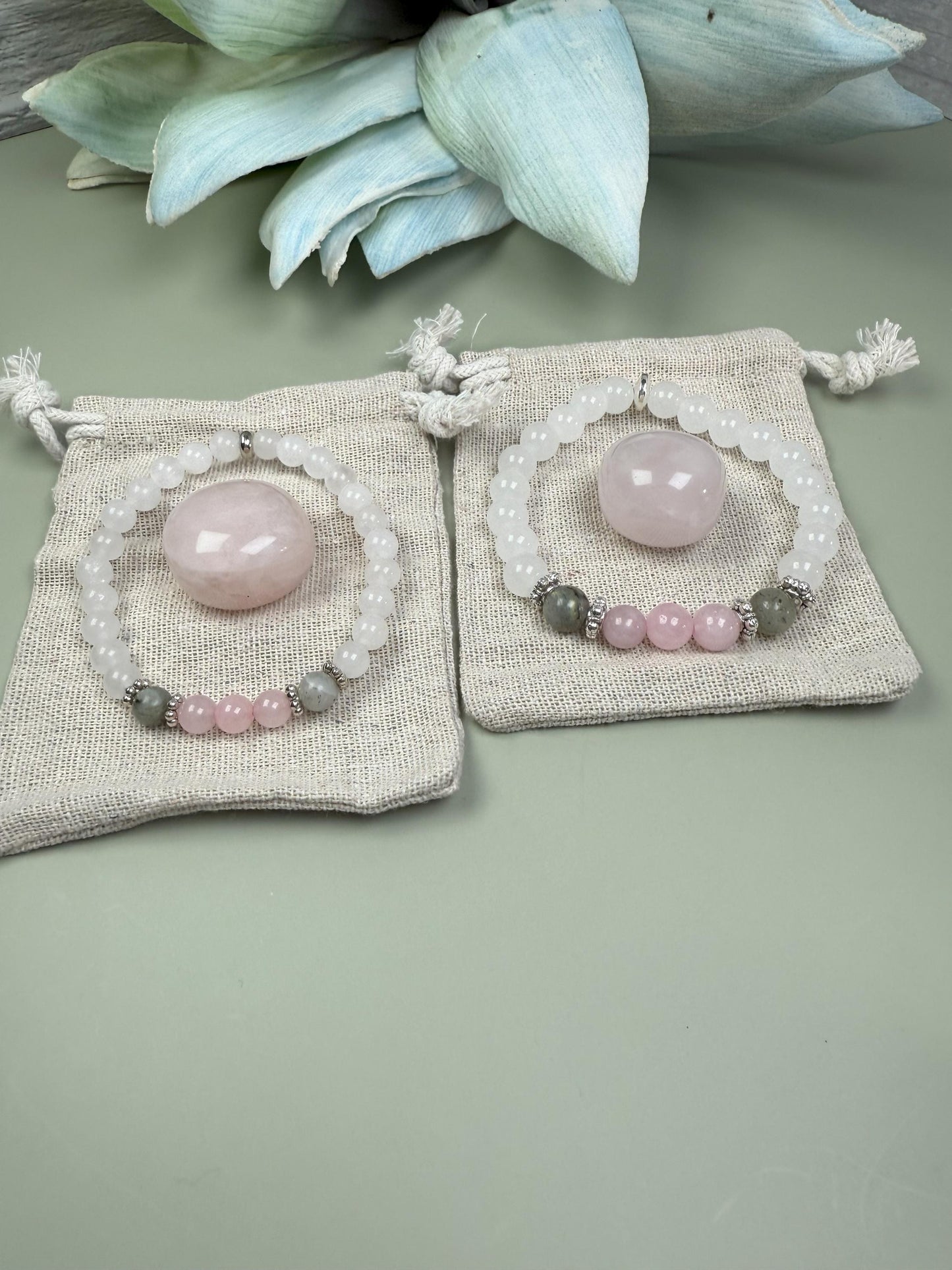 Rose Quartz Moonstone Mother Daughter Bracelet Set: Matching Gemstone Jewelry