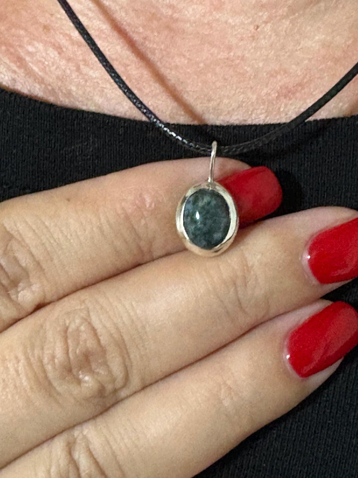 Moss Agate Pendant Necklace Birthday Gift Sterling Silver Oval Gemstone Pendant Crystal Pendant Jewelry Unique Minimalist Best Friend Gift