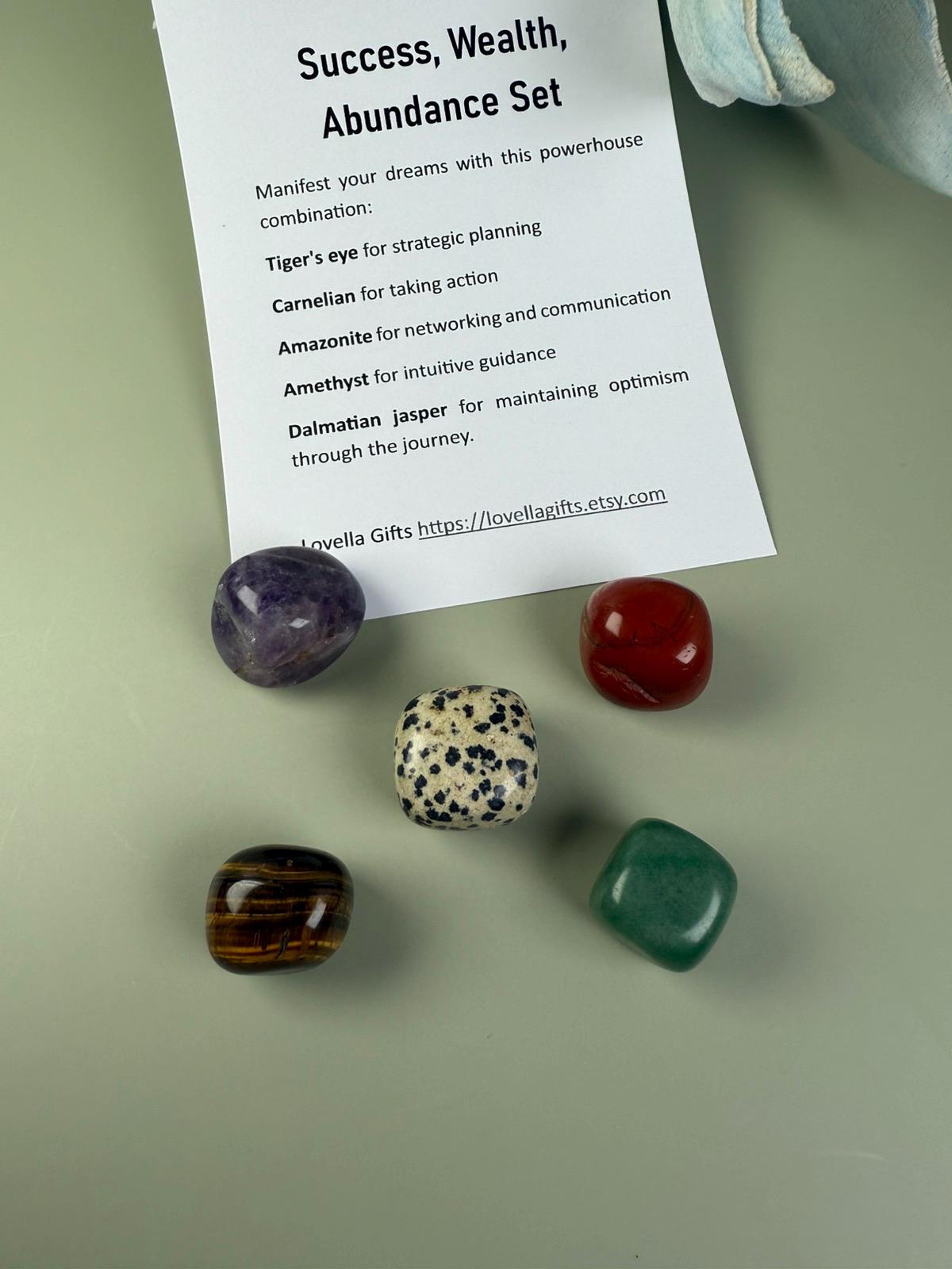 Prosperity crystals: Manifest Money Meditation Aid with Tiger Eye, Carnelian, Amazonite & Amethyst crystal gift set