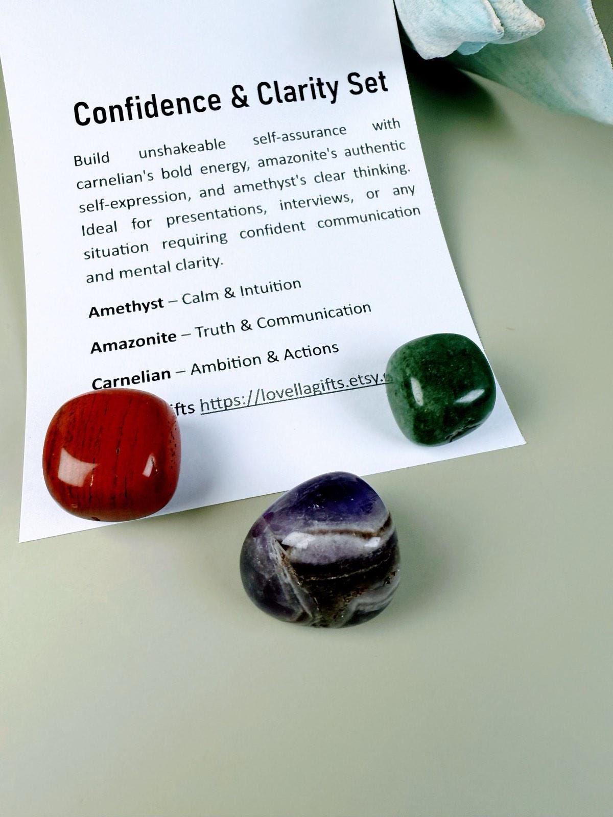 Prosperity crystals: Carnelian Jewelry, Amazonite & Amethyst Pocket Crystal Kit, Worry stones