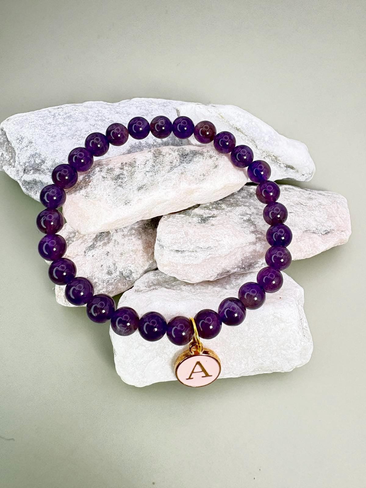 Initial Bracelet, Charm Bracelet, Personalized Bracelet, Bracelet For Women, Amethyst Jewelry, Beaded Bracelet, Friendship Bracelet, Mothers Bracelet, Daughter Bracelet, 30th birthday Gift