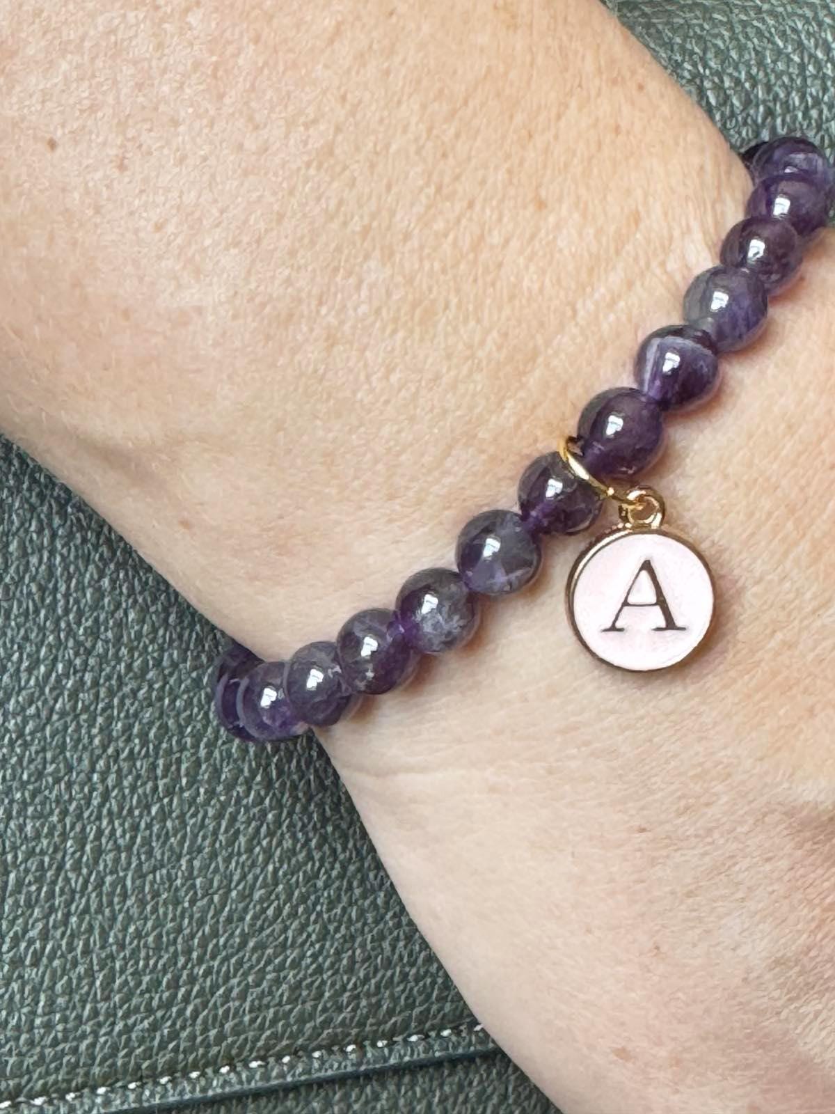 Initial Bracelet, Charm Bracelet, Personalized Bracelet, Bracelet For Women, Amethyst Jewelry, Beaded Bracelet, Friendship Bracelet, Mothers Bracelet, Daughter Bracelet, 30th birthday Gift