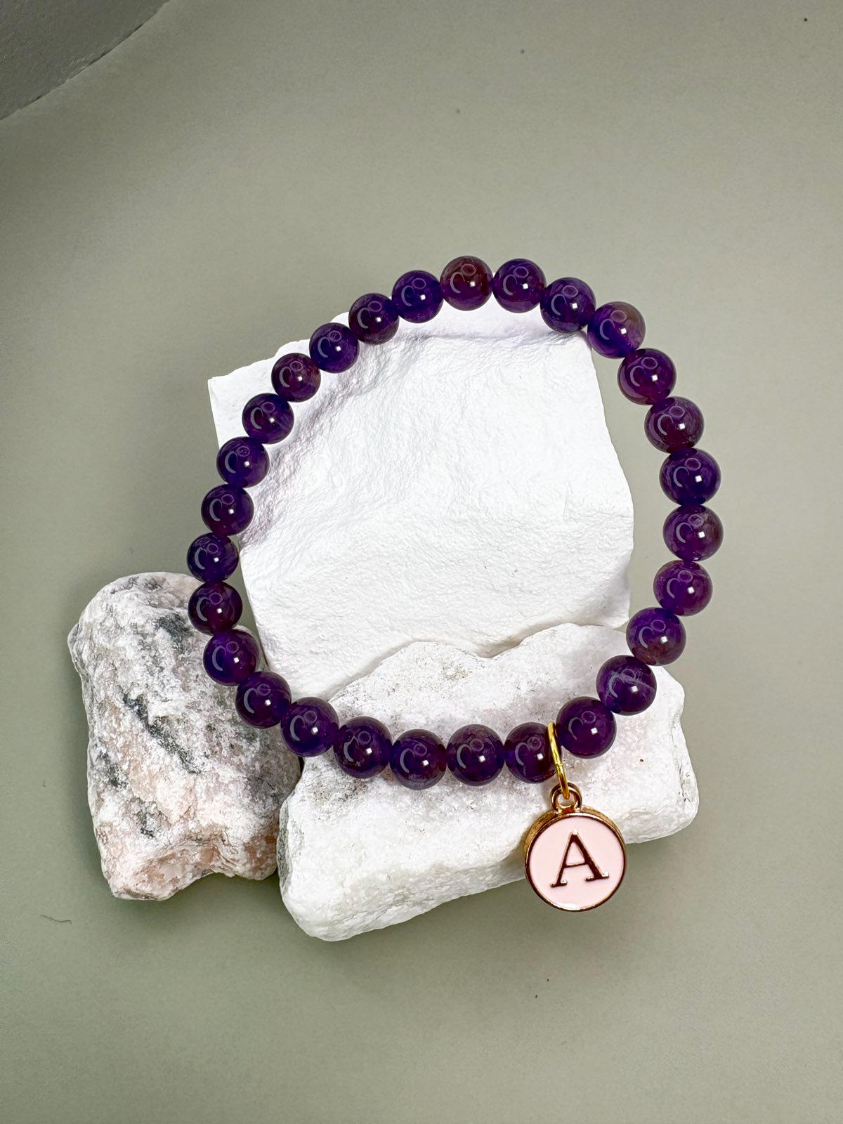 Initial Bracelet, Charm Bracelet, Personalized Bracelet, Bracelet For Women, Amethyst Jewelry, Beaded Bracelet, Friendship Bracelet, Mothers Bracelet, Daughter Bracelet, 30th birthday Gift