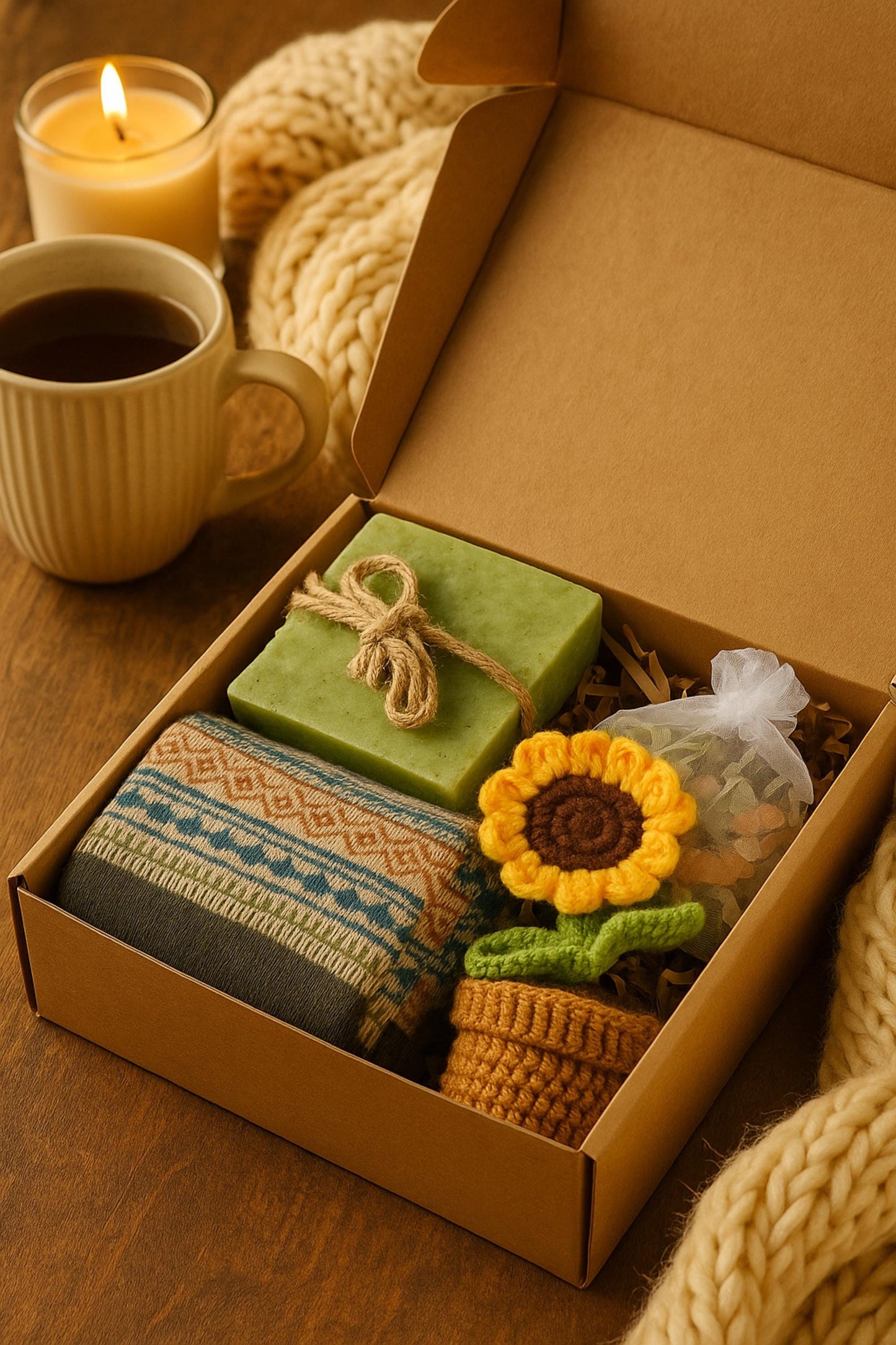 Hug in a Box Gift with Handmade Soap, Socks and Bath Salt, Self Care Package, Spa Gift Set for Her, Thinking of You