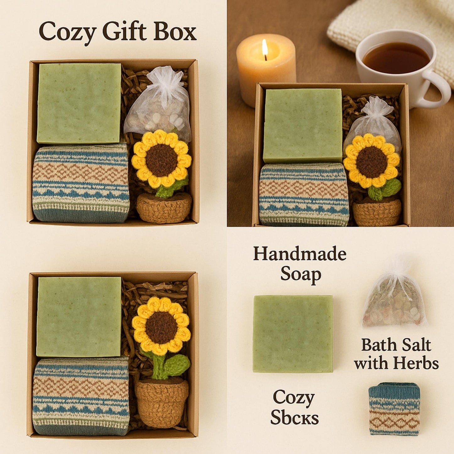 Hug in a Box Gift with Handmade Soap, Socks and Bath Salt, Self Care Package, Spa Gift Set for Her, Thinking of You