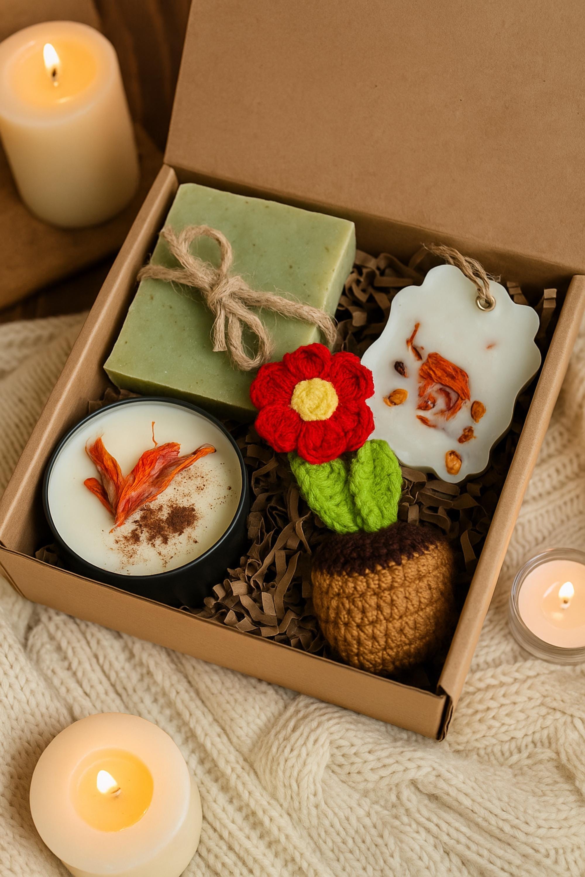 Cozy care package gift box with soft blanket and handmade spa essentials arranged in neutral kraft box. Self care spa basket for women featuring comfort items designed for relaxation and stress relief. Thoughtful comfort gift for her perfect for birthday, get well soon, thinking of you, or recovery support. Beautifully arranged cozy blanket gift box ready to send as a warm and meaningful present.