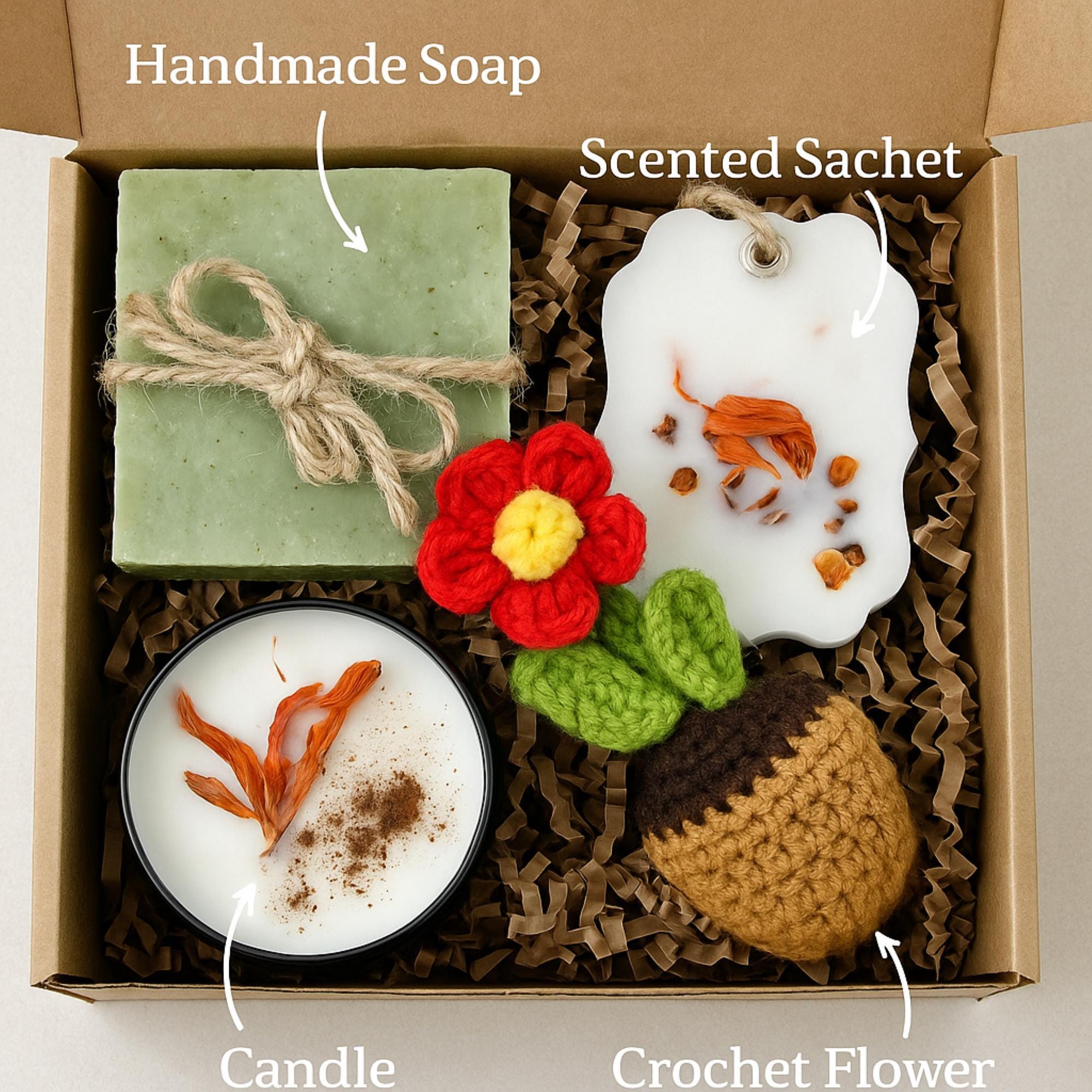 Cozy care package gift box with soft blanket and handmade spa essentials arranged in neutral kraft box. Self care spa basket for women featuring comfort items designed for relaxation and stress relief. Thoughtful comfort gift for her perfect for birthday, get well soon, thinking of you, or recovery support. Beautifully arranged cozy blanket gift box ready to send as a warm and meaningful present.