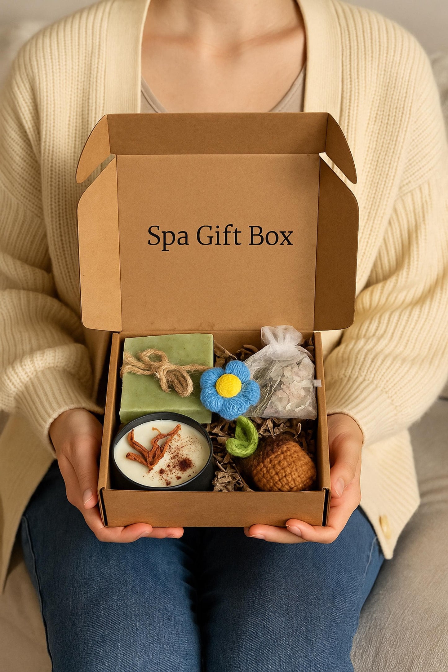Cozy Gift Box, Hug in a Box, Handmade Soap Gift, Cozy Socks Gift, Bath Salt Gift Box, Self Care Package, Affordable Gift Set, Small Gift Box, Handmade in Florida, Crochet Flower Gift, Comfort Care Package, Spa Gift Box, just because gift box, sunflower self care set, eco friendly spa gift, handmade soap and candle, sunflower surprise gift, natural spa box, small gift just because, cozy spa gift set