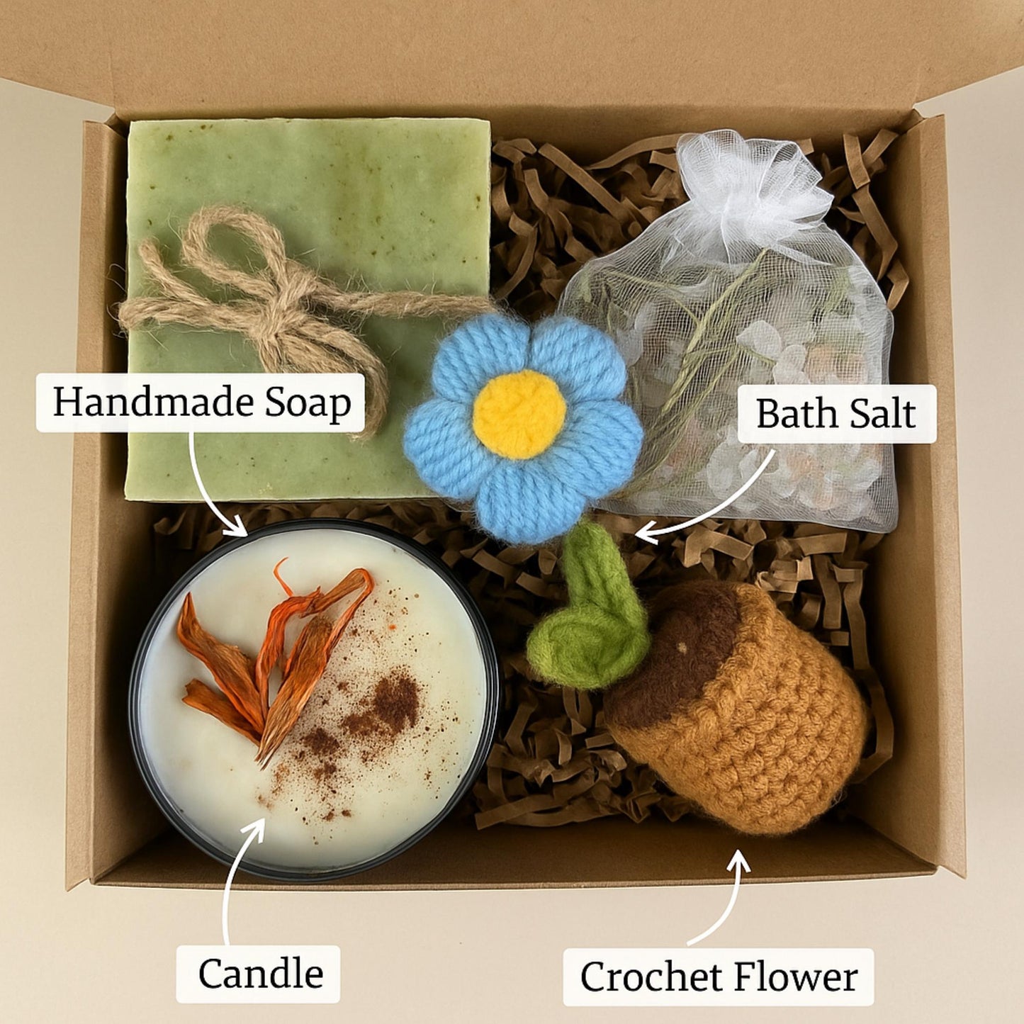 Cozy Gift Box, Hug in a Box, Handmade Soap Gift, Cozy Socks Gift, Bath Salt Gift Box, Self Care Package, Affordable Gift Set, Small Gift Box, Handmade in Florida, Crochet Flower Gift, Comfort Care Package, Spa Gift Box, get well soon gift, recovery care package, eco friendly self care box, handmade spa set, relaxing get well gift, sunflower comfort gift, stress relief spa box, self care recovery gift, wellness gift box