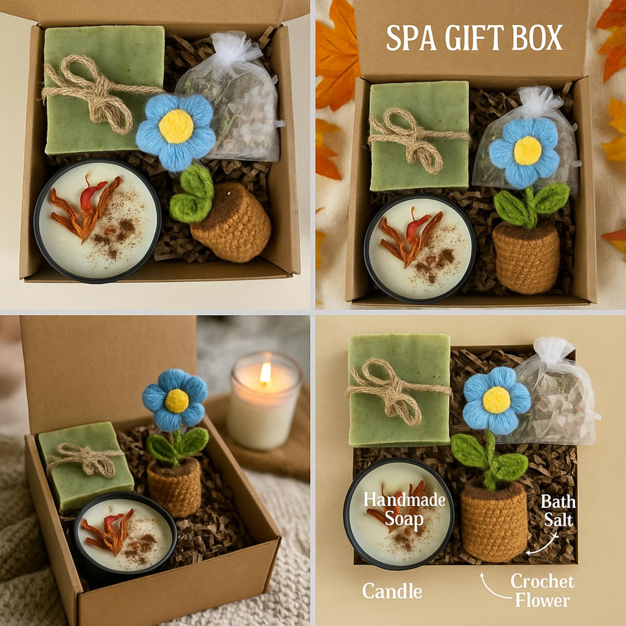 Thinking of You, Cheer Up Gift Box, Get Well Soon Gift, Encouragement Gift, Sympathy Gift, Cozy Gift Box, Hug in a Box, Self Care Gift, Comfort Gift, Healing Gift Set, Crochet Flower Pot, Care Package, relaxation gift box, stress relief spa gift, eco friendly self care, sunflower spa box, natural relaxation set, handmade candle gift, spa care package, stress relief gift her, calming spa gift box
