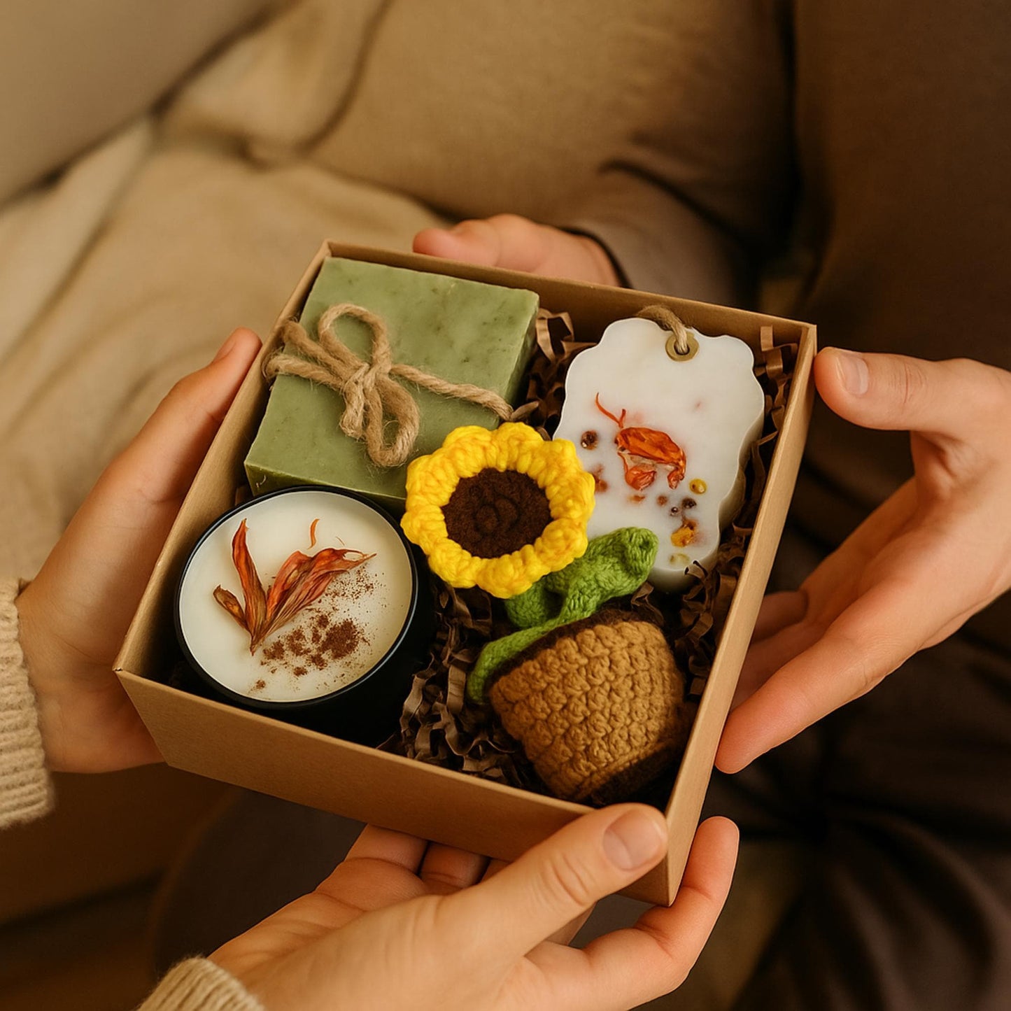 Cozy Gift Box, Hug in a Box, Handmade Soap Gift, Cozy Socks Gift, Bath Salt Gift Box, Self Care Package, Affordable Gift Set, Small Gift Box, Handmade in Florida, Crochet Flower Gift, Comfort Care Package, Spa Gift Box, housewarming gift box, new home spa gift, sunflower gift box, eco friendly housewarming, handmade soap gift, candle housewarming gift, new neighbor gift, cozy home gift set, spa gift new house