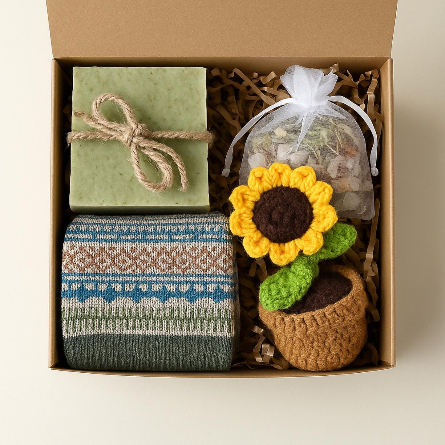 Cozy Gift Box, Hug in a Box, Handmade Soap Gift, Cozy Socks Gift, Bath Salt Gift Box, Self Care Package, Affordable Gift Set, Small Gift Box, Handmade in Florida, Crochet Flower Gift, Comfort Care Package, Spa Gift Box, get well soon gift, recovery care package, eco friendly self care box, handmade spa set, relaxing get well gift, sunflower comfort gift, stress relief spa box, self care recovery gift, wellness gift box
