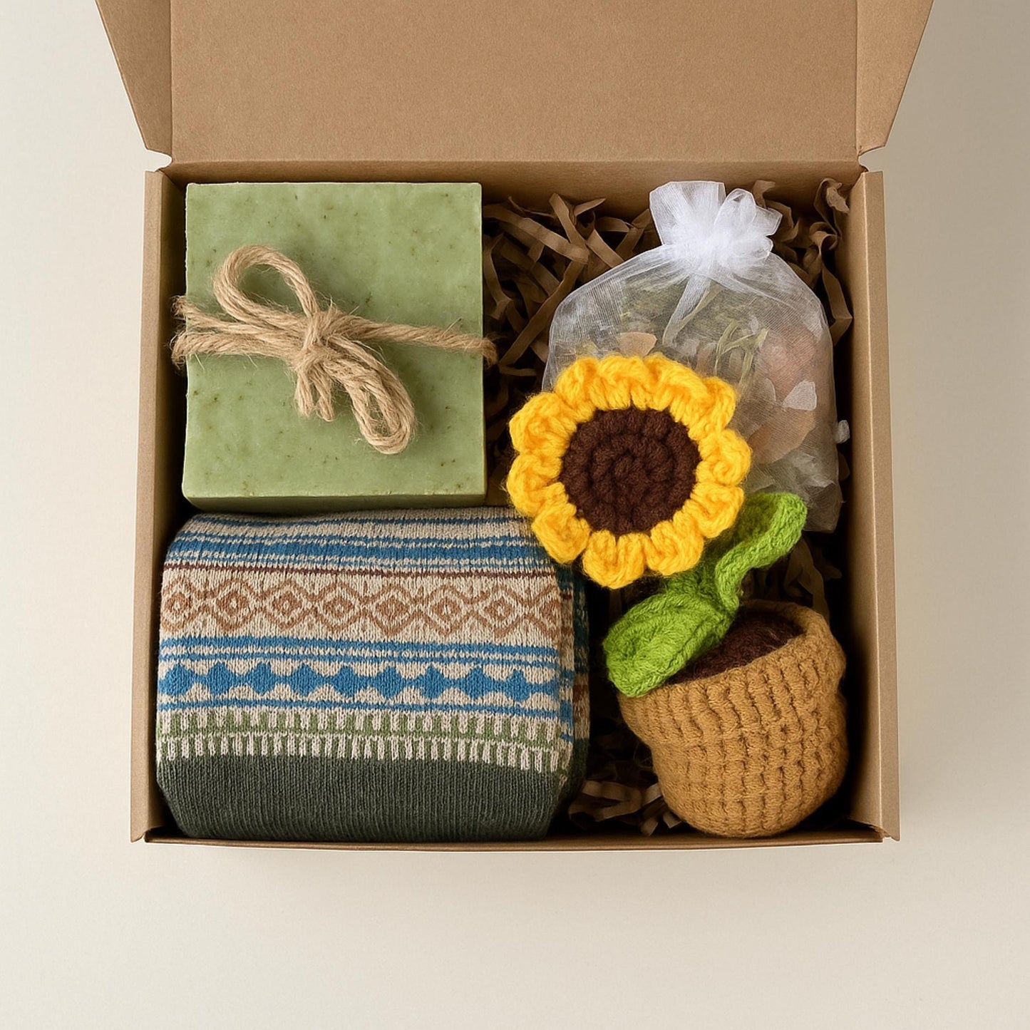 Hug in a Box Gift with Handmade Soap, Socks and Bath Salt, Self Care Package, Spa Gift Set for Her, Thinking of You