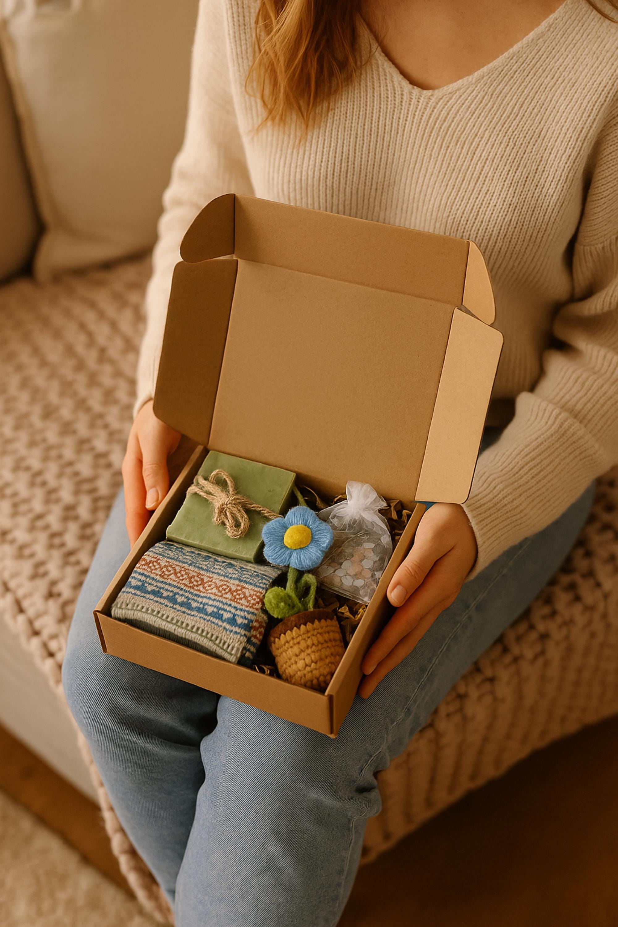Thinking of You, Cheer Up Gift Box, Get Well Soon Gift, Encouragement Gift, Sympathy Gift, Cozy Gift Box, Hug in a Box, Self Care Gift, Comfort Gift, Healing Gift Set, Crochet Flower Pot, Care Package, Lovella Gifts