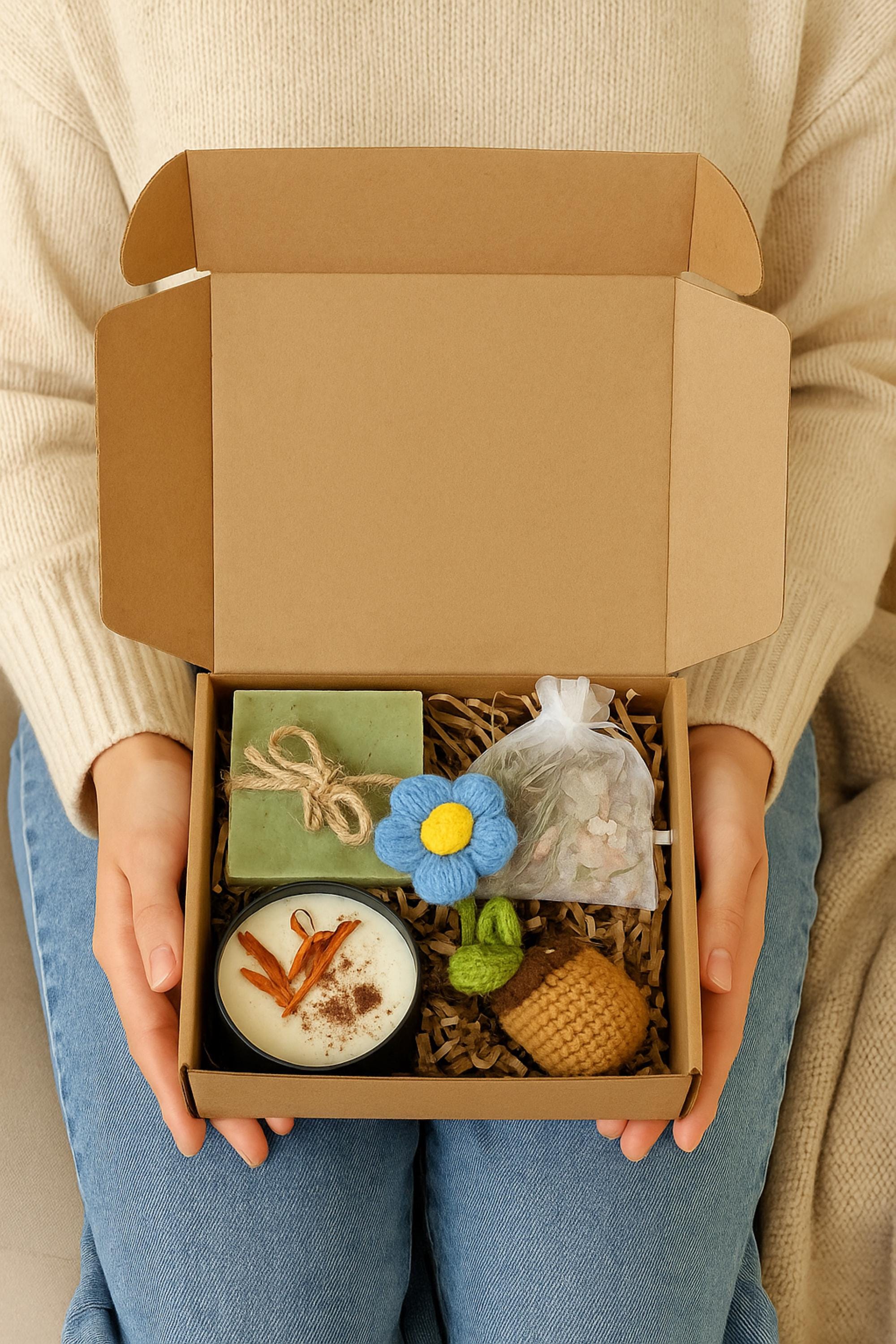 Thinking of You, Cheer Up Gift Box, Get Well Soon Gift, Encouragement Gift, Sympathy Gift, Cozy Gift Box, Hug in a Box, Self Care Gift, Comfort Gift, Healing Gift Set, Crochet Flower Pot, Care Package, relaxation gift box, stress relief spa gift, eco friendly self care, sunflower spa box, natural relaxation set, handmade candle gift, spa care package, stress relief gift her, calming spa gift box