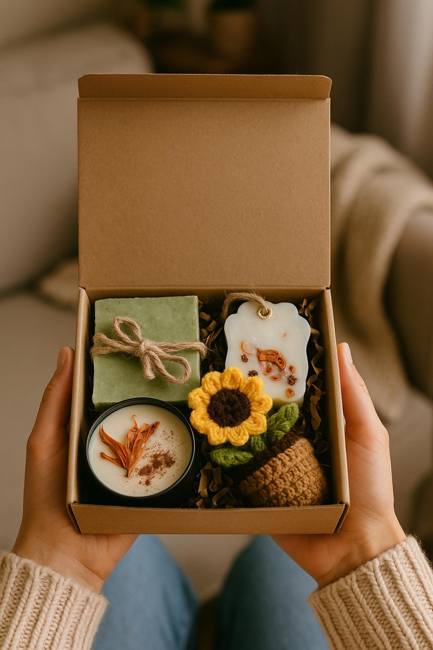 Cozy Gift Box, Hug in a Box, Handmade Soap Gift, Cozy Socks Gift, Bath Salt Gift Box, Self Care Package, Affordable Gift Set, Small Gift Box, Handmade in Florida, Crochet Flower Gift, Comfort Care Package, Spa Gift Box, housewarming gift box, new home spa gift, sunflower gift box, eco friendly housewarming, handmade soap gift, candle housewarming gift, new neighbor gift, cozy home gift set, spa gift new house