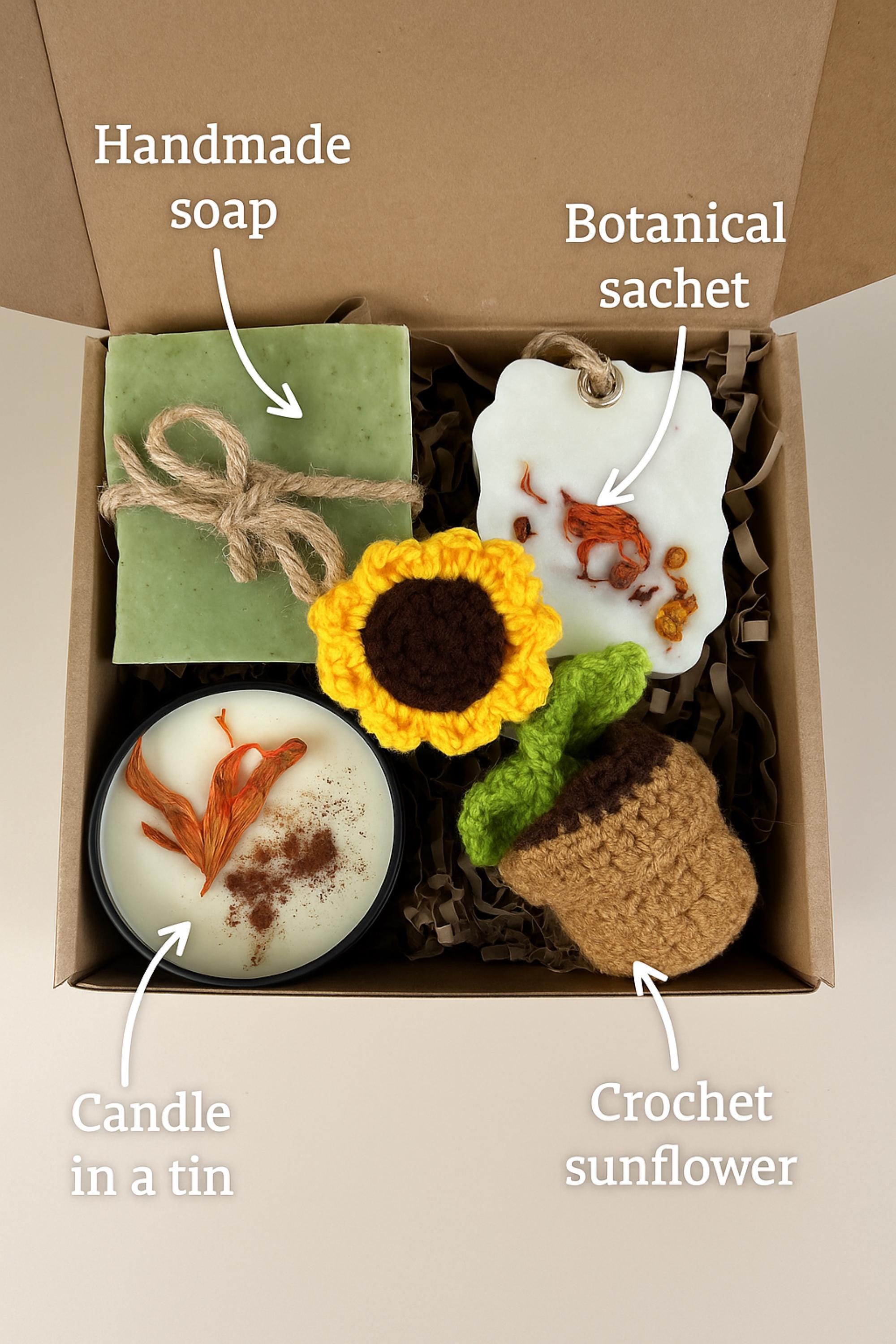 Cozy Gift Box, Hug in a Box, Handmade Soap Gift, Cozy Socks Gift, Bath Salt Gift Box, Self Care Package, Affordable Gift Set, Small Gift Box, Handmade in Florida, Crochet Flower Gift, Comfort Care Package, Spa Gift Box, Lovella Gifts