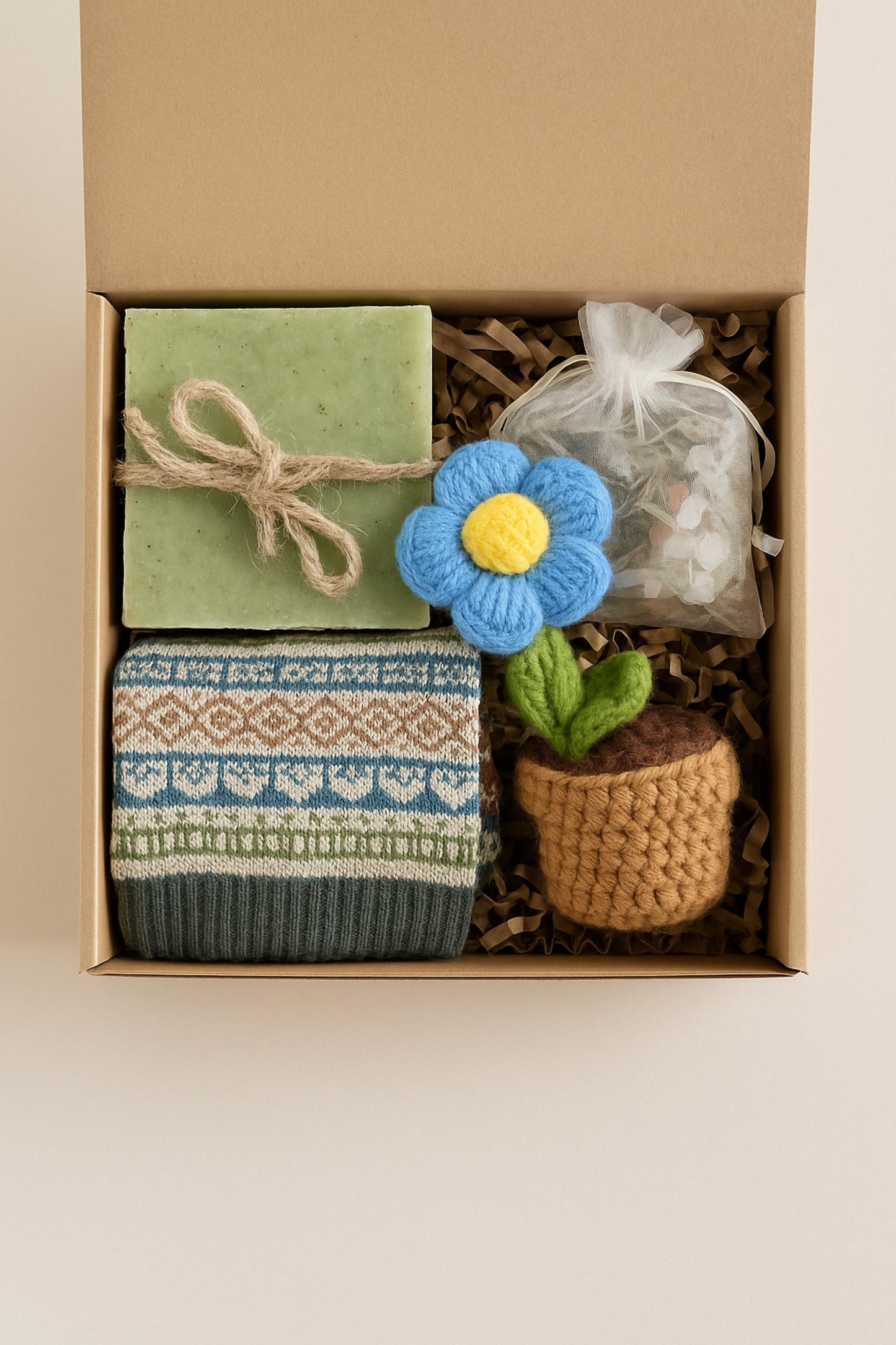 Cozy Gift Box, Hug in a Box, Handmade Soap Gift, Cozy Socks Gift, Bath Salt Gift Box, Self Care Package, Affordable Gift Set, Small Gift Box, Handmade in Florida, Crochet Flower Gift, Comfort Care Package, Spa Gift Box, get well soon gift, recovery care package, eco friendly self care box, handmade spa set, relaxing get well gift, sunflower comfort gift, stress relief spa box, self care recovery gift, wellness gift box