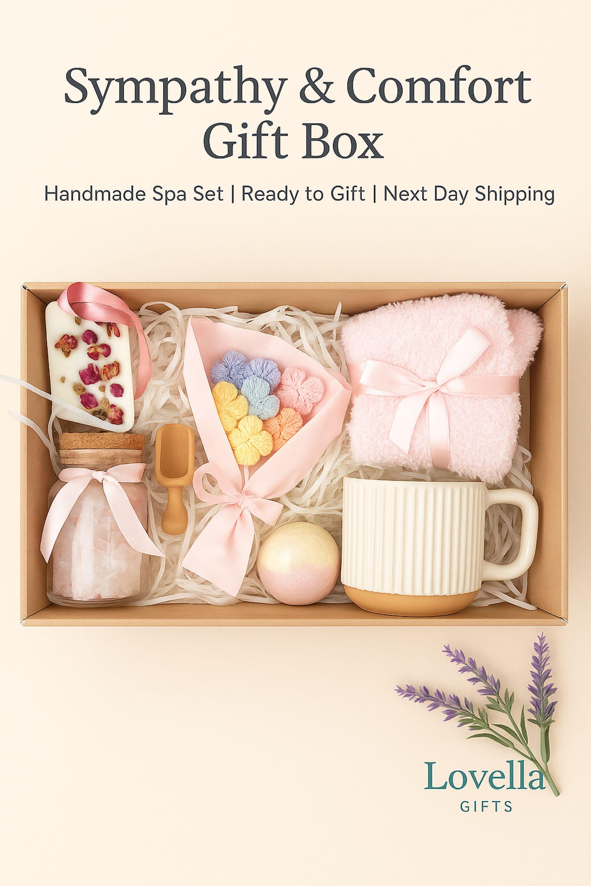 sympathy gift box, comfort and healing spa set, thinking of you gift, get well soon care package, cozy comfort gift, bereavement box, handmade spa gift, self care basket, wellness gift for women, hug in a box, lavender spa box, support gift for friend, feel better gift set, handmade comfort box, relaxation gift for her