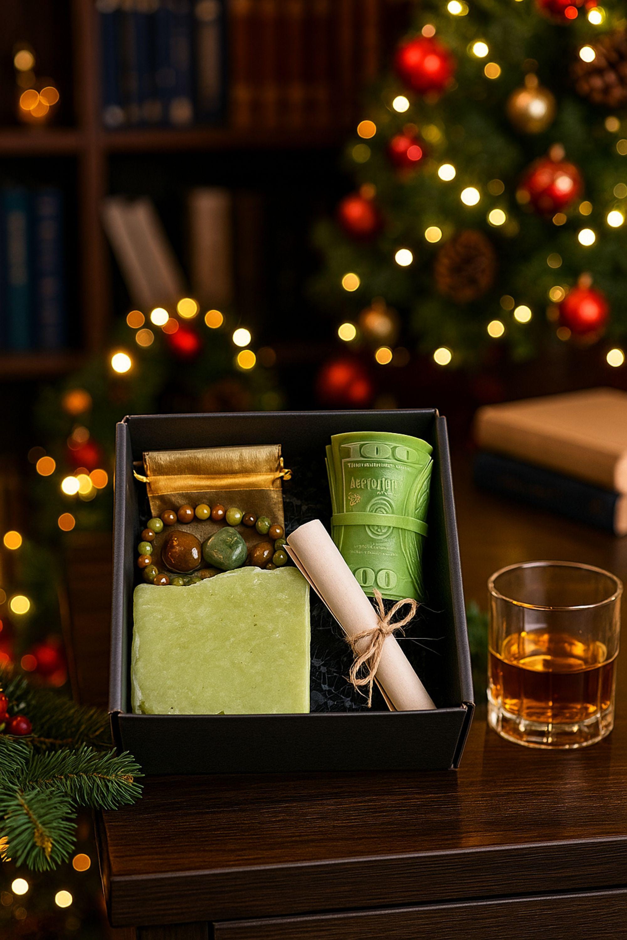 Christmas prosperity gift set for him featuring a money manifestation bracelet made with Tigers Eye, Jade, and black crystals, masculine spiritual jewelry in holiday gift box, success and abundance gift for men