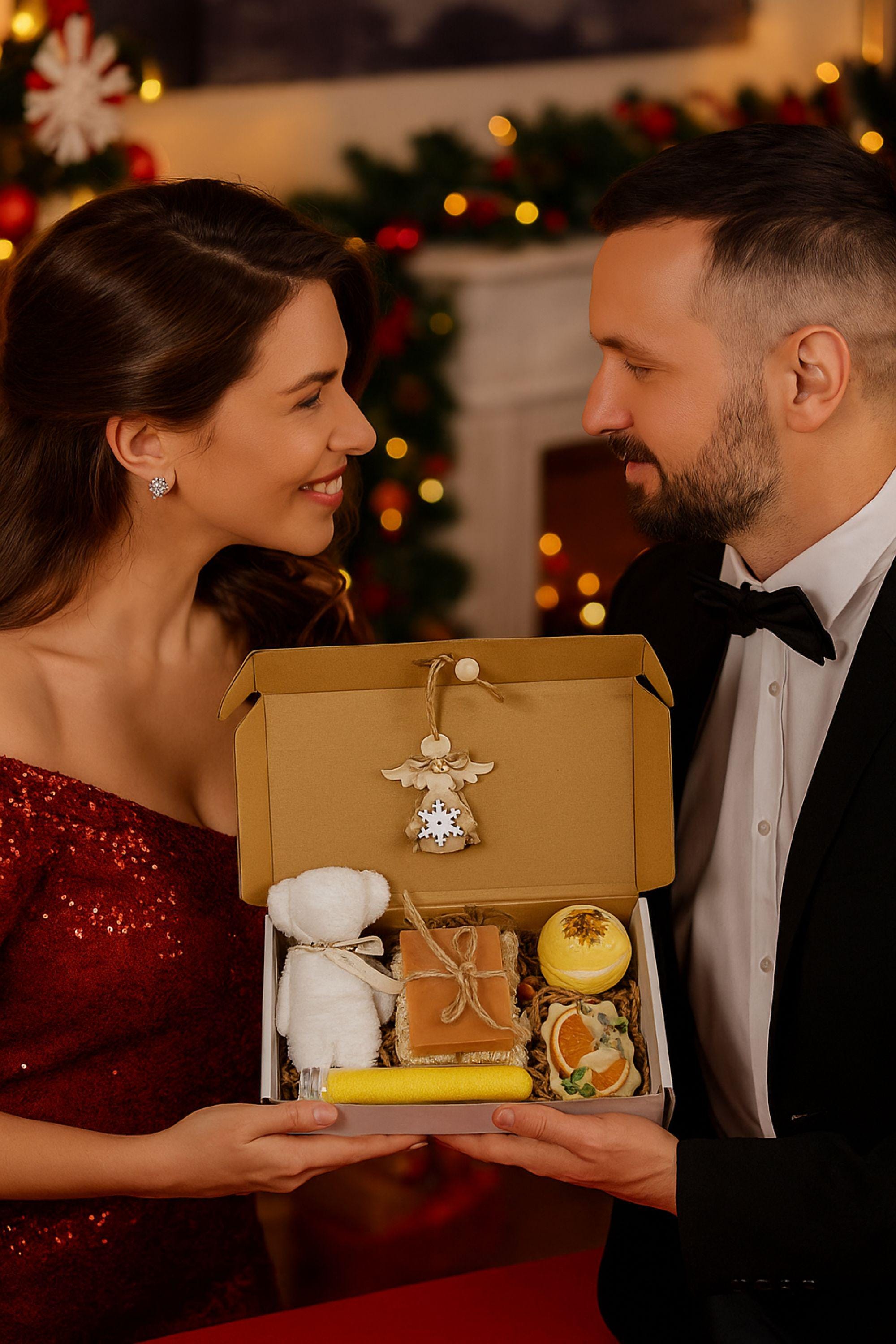 Christmas spa gift box for her with handmade soap, yellow bath bomb, citrus wax sachet, towel teddy bear, angel ornament, and aromatic bath salts. Cozy holiday self-care package for women, small Christmas gift, Secret Santa spa set, relaxation and pampering box for winter stress relief.