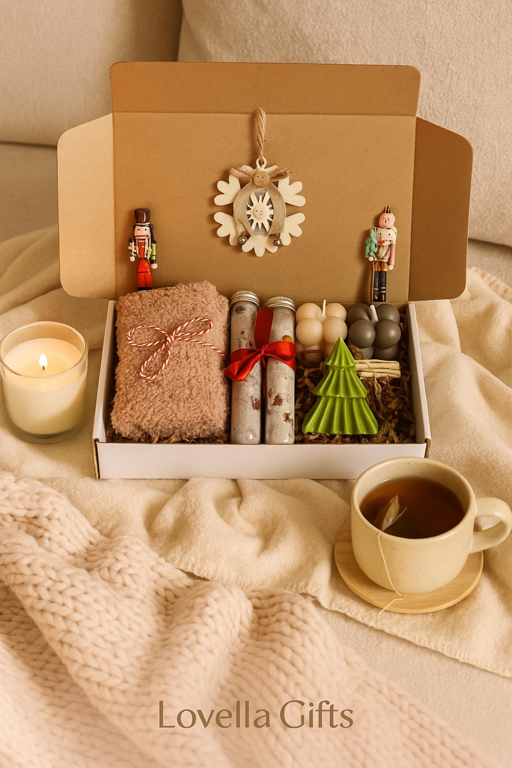 holiday spa gift, eco friendly Christmas gift, sunflower gift box, handmade holiday spa set, natural holiday self care, eco holiday box, spa Christmas gift, sunflower spa gift, holiday thank you box, Christmas gift box, Holiday self care set, Cozy spa gift, Socks candle gift, Bath salt tube set, Handmade soap box, Winter relaxation gift, Rustic Christmas decor, Cozy holiday gift for her, Christmas gift basket women, Handmade candle gift, Christmas pamper box, Lovella Gifts spa set