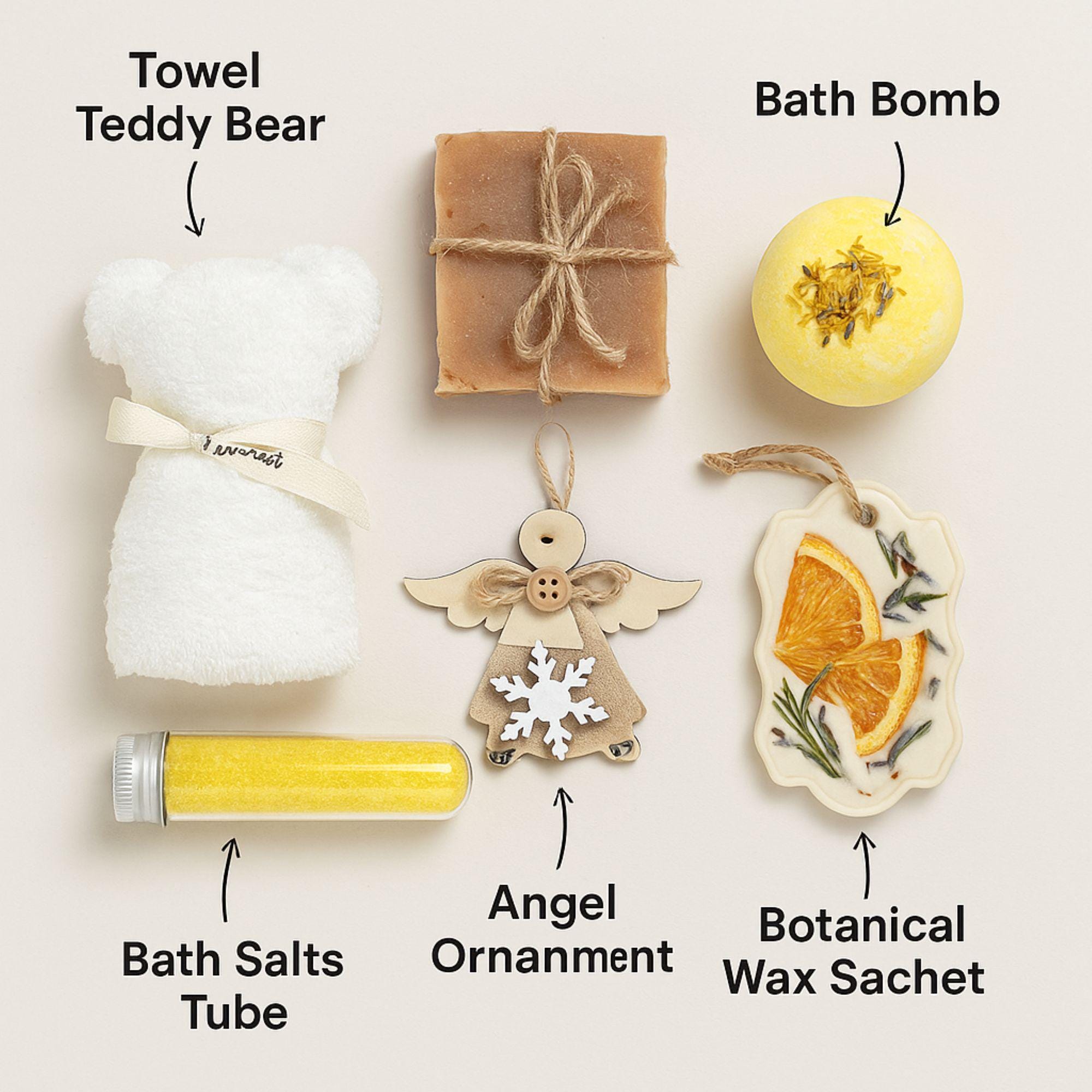 Christmas spa gift box for her with handmade soap, yellow bath bomb, citrus wax sachet, towel teddy bear, angel ornament, and aromatic bath salts. Cozy holiday self-care package for women, small Christmas gift, Secret Santa spa set, relaxation and pampering box for winter stress relief.