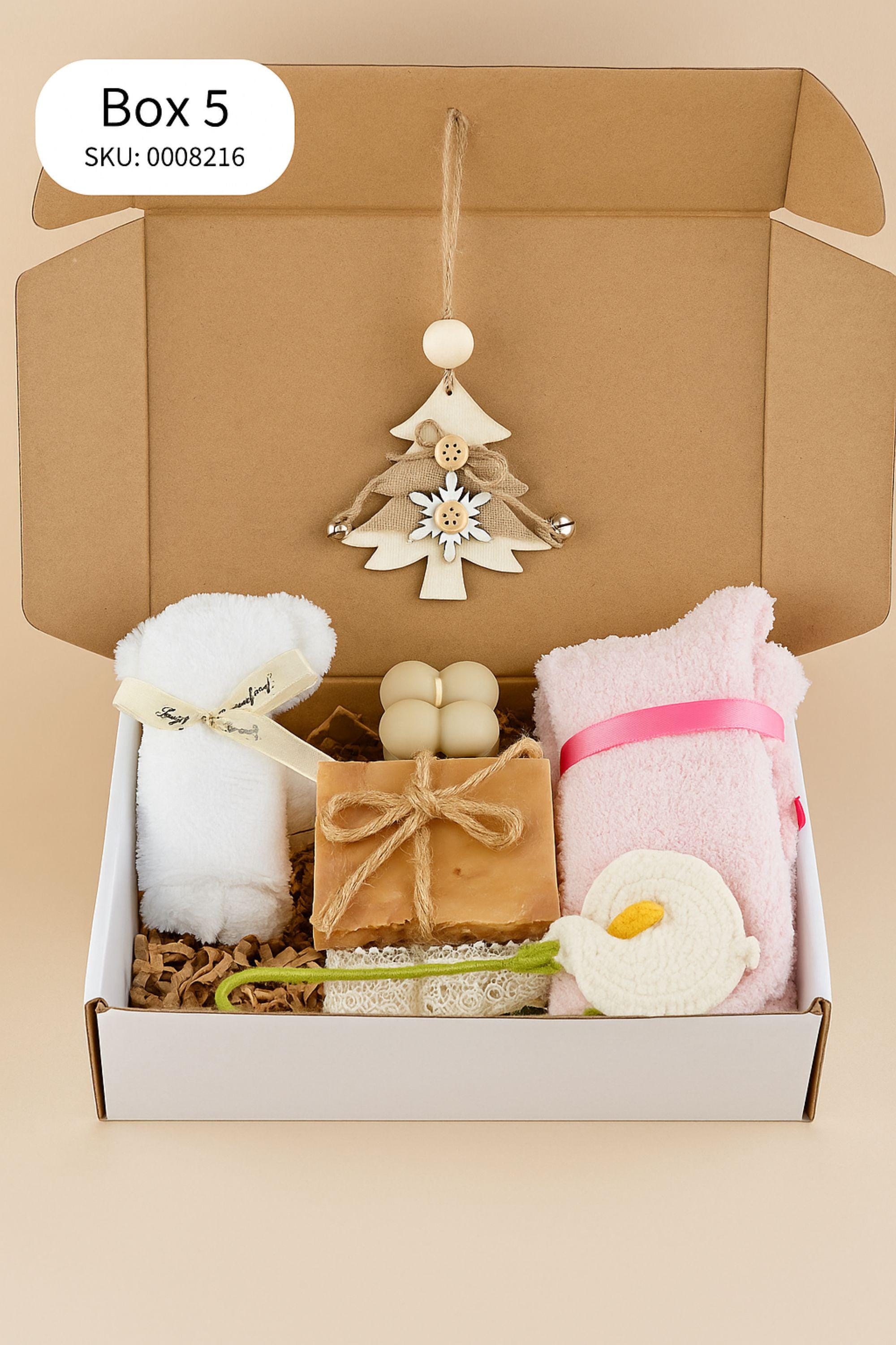 Christmas spa gift box for her with handmade soap, yellow bath bomb, citrus wax sachet, towel teddy bear, angel ornament, and aromatic bath salts. Cozy holiday self-care package for women, small Christmas gift, Secret Santa spa set, relaxation and pampering box for winter stress relief.
