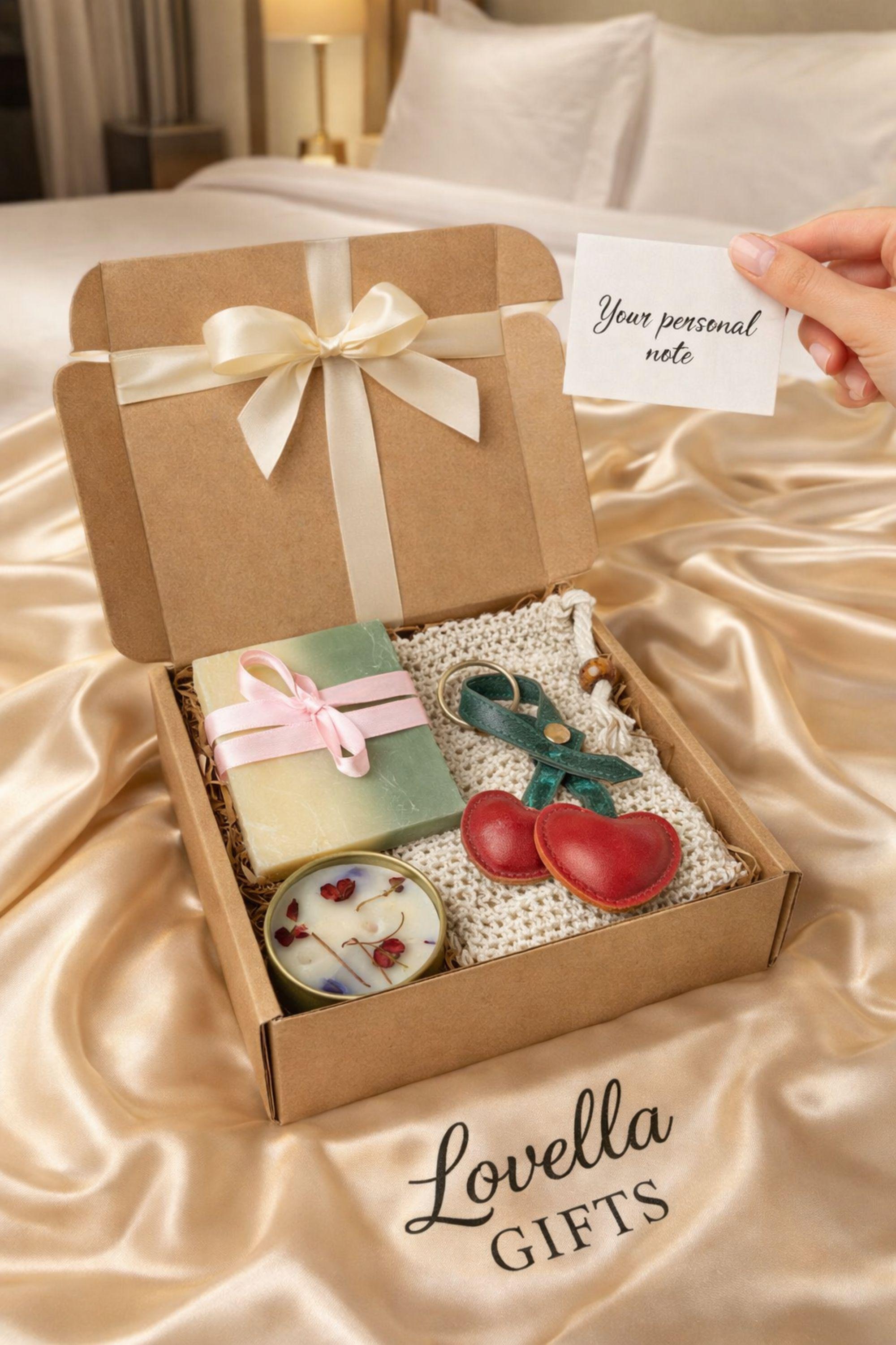 Cozy comfort gift box with handmade soap tied with red ribbon, natural candle in metal tin with dried petals, crocheted washcloth and leather cherry keychain arranged in a kraft box with eco filler. Thoughtful handmade care package perfect as a thinking of you gift, long distance gift, just because present or comforting cozy gift for her. Warm meaningful gift box designed to bring comfort, care and emotional warmth.