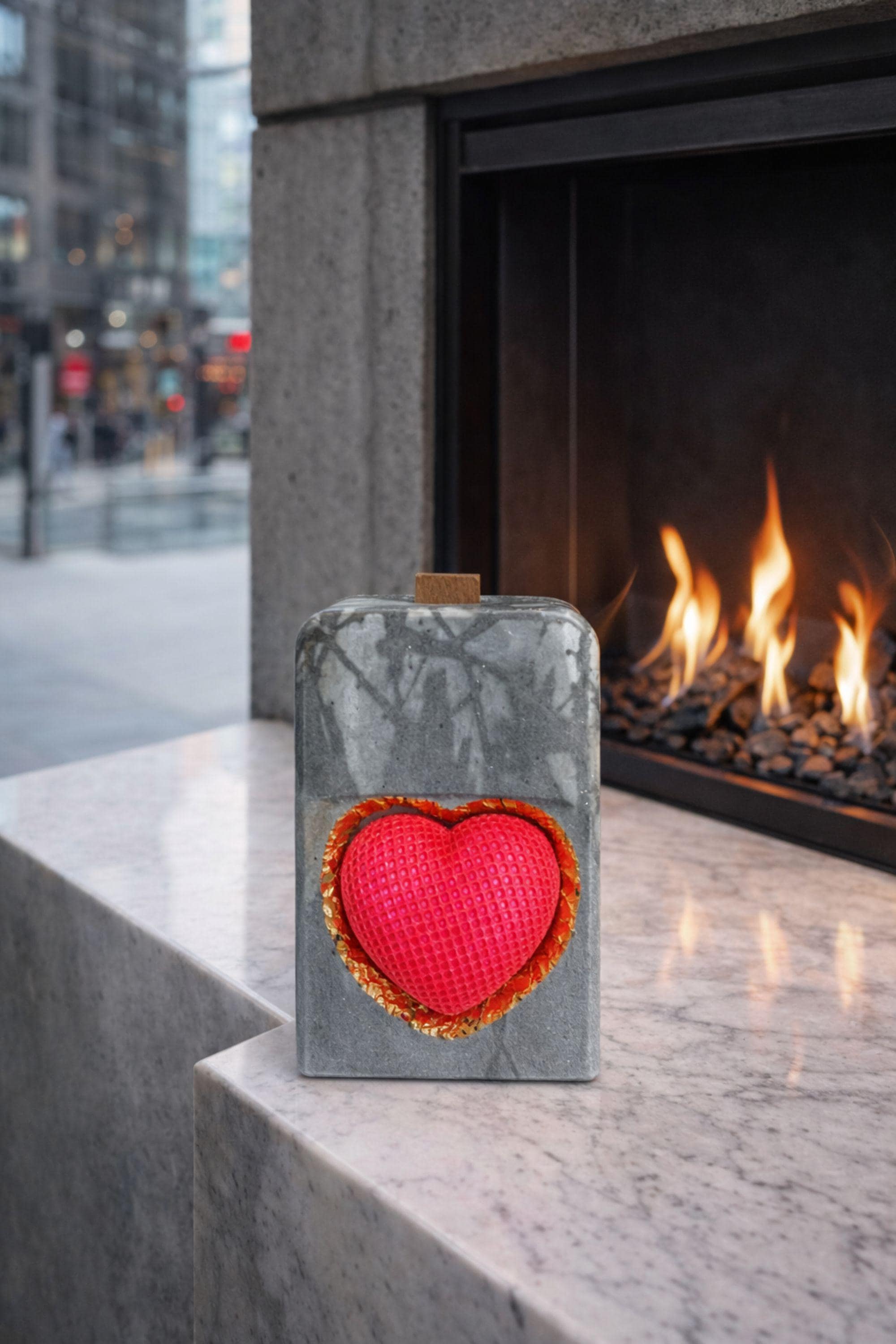 Luxury grey statement candle with a red textured heart framed in gold, handcrafted designer candle created as a romantic gift and modern decor object. This luxury heart candle is designed as a meaningful anniversary or Valentine’s gift for her, combining sculptural form, stone-inspired texture, and gold detail for a centerpiece candle look.