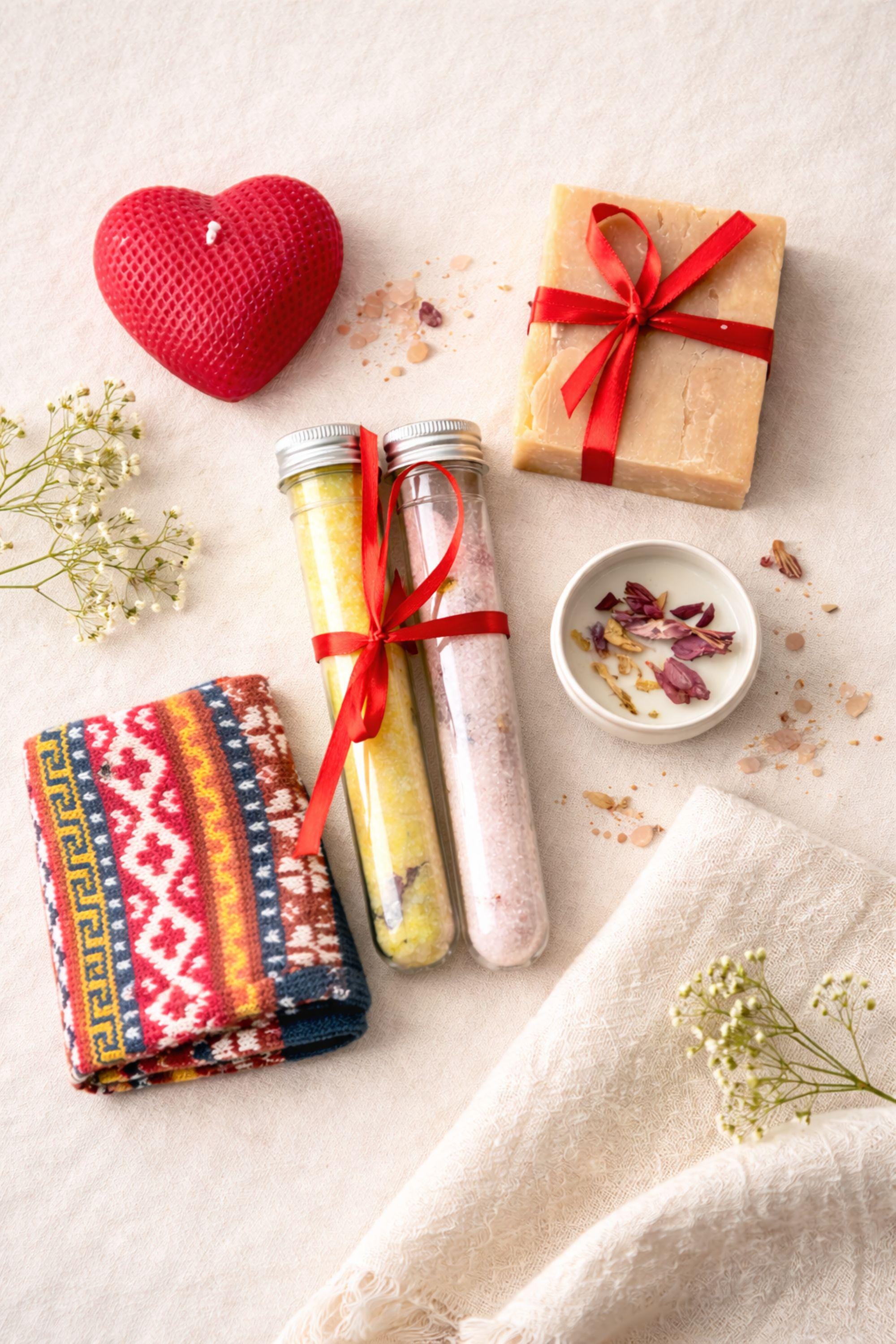 Cozy Valentine gift box with handmade soap tied with red ribbon, heart shaped candle, scented candle with dried flowers, bath salts in glass tubes, and knitted washcloth arranged in kraft gift box. Romantic self care gift for her, comfort care package, handmade Valentine’s Day gift, thinking of you box, ready to gift cozy relaxation set.