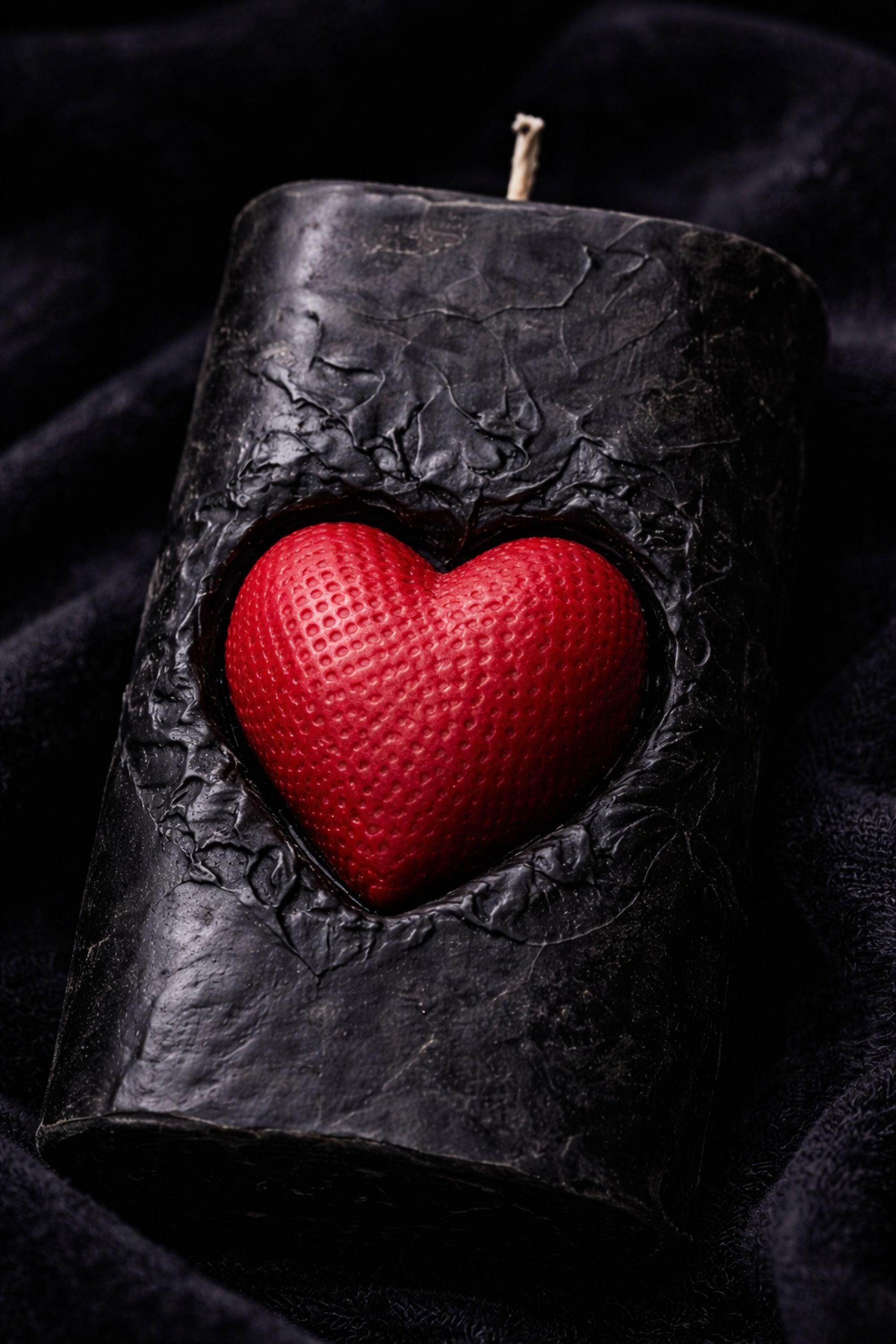 Gothic Sacred Heart Ritual Box featuring a handcrafted black candle with a red heart centerpiece and black and red bubble candles arranged in a dark gift box. This dark ritual candle set is designed for gothic home decor, witchy interiors, and alternative spiritual gifts. Unique handmade candle box with dramatic dark aesthetic, perfect for altar decor, shelves, or intentional spaces.