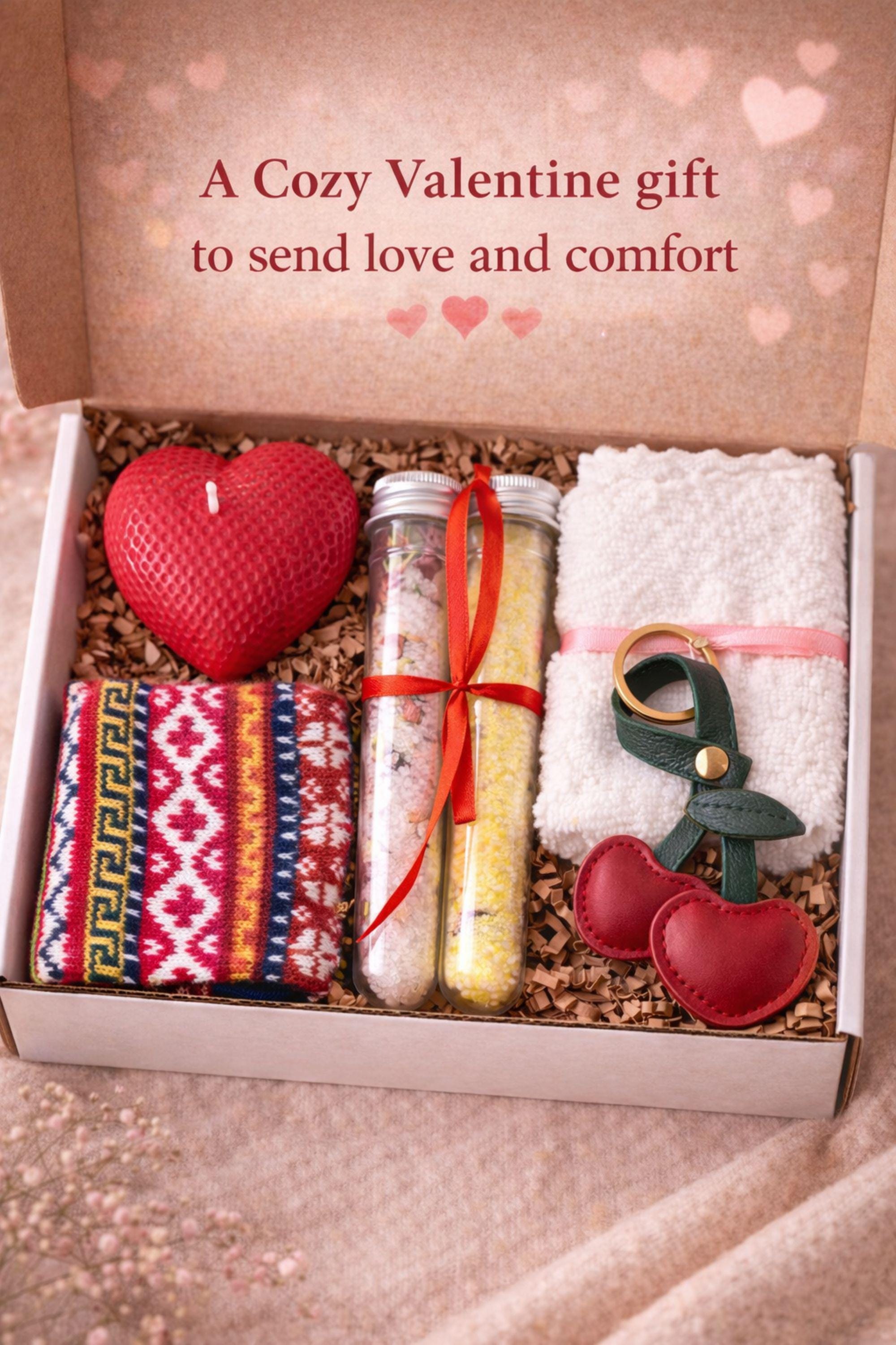 Open Valentine gift box with text message emphasizing love and comfort, featuring a handmade heart candle, cozy socks, bath salt tubes, washcloth, and leather heart keychain. Romantic Valentine care package created to send love, warmth, and emotional support, making it a meaningful Valentine gift for her or long distance Valentine gesture.