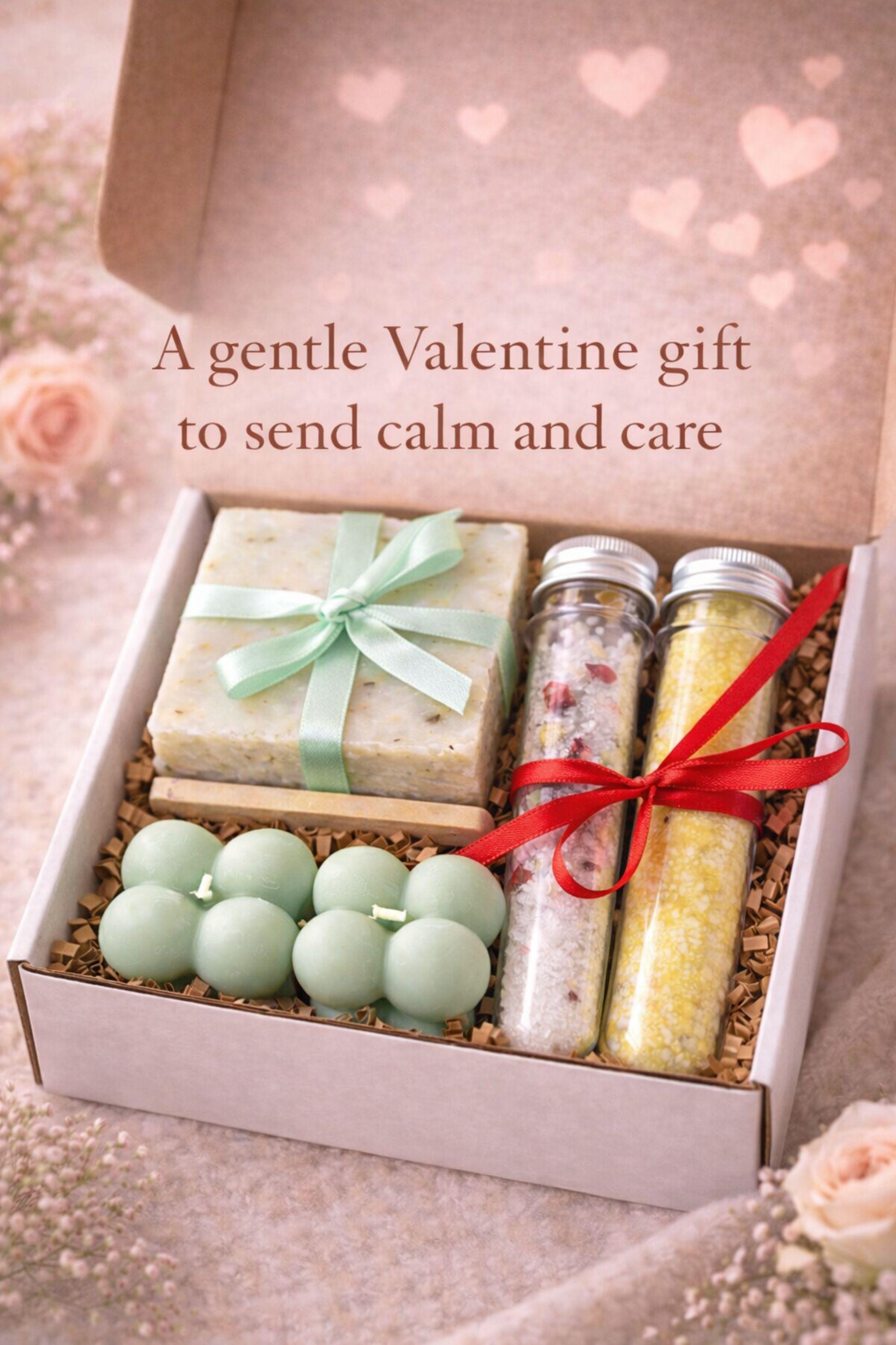 Open Valentine gift box with calming presentation and gentle message, featuring sage bubble candles, handmade soap, and bath salt tubes arranged neatly. Calm Valentine care package created to send comfort, care, and peaceful affection, making it a thoughtful handmade Valentine gift for her with a soft and soothing aesthetic.