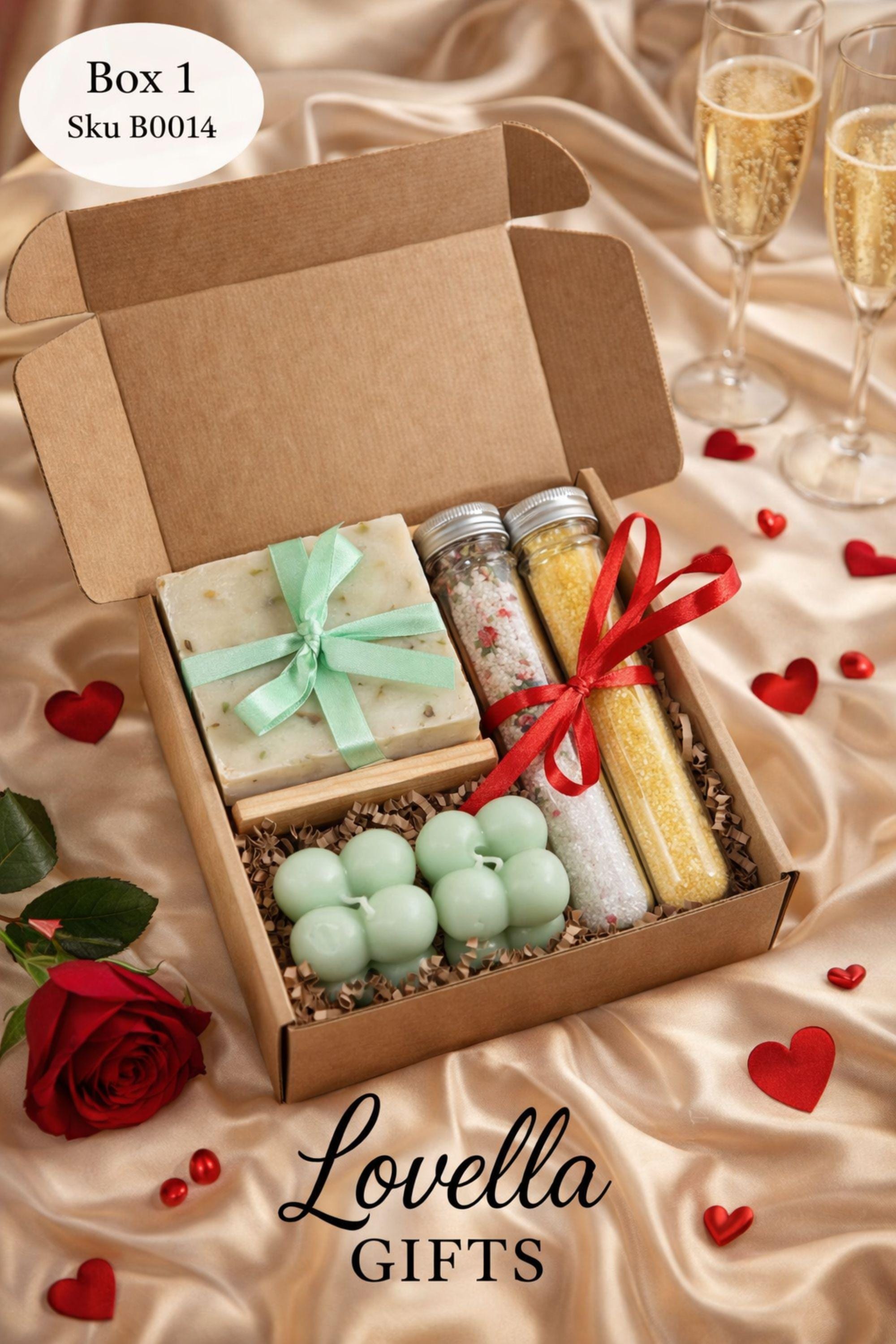 Romantic yet calm Valentine gift box styled with soft florals and neutral tones, showcasing handmade sage bubble candles, natural soap, and bath salts. Gentle Valentine care package designed as a comforting handmade gift for her, ideal for expressing love through simplicity, calm, and thoughtful intention.