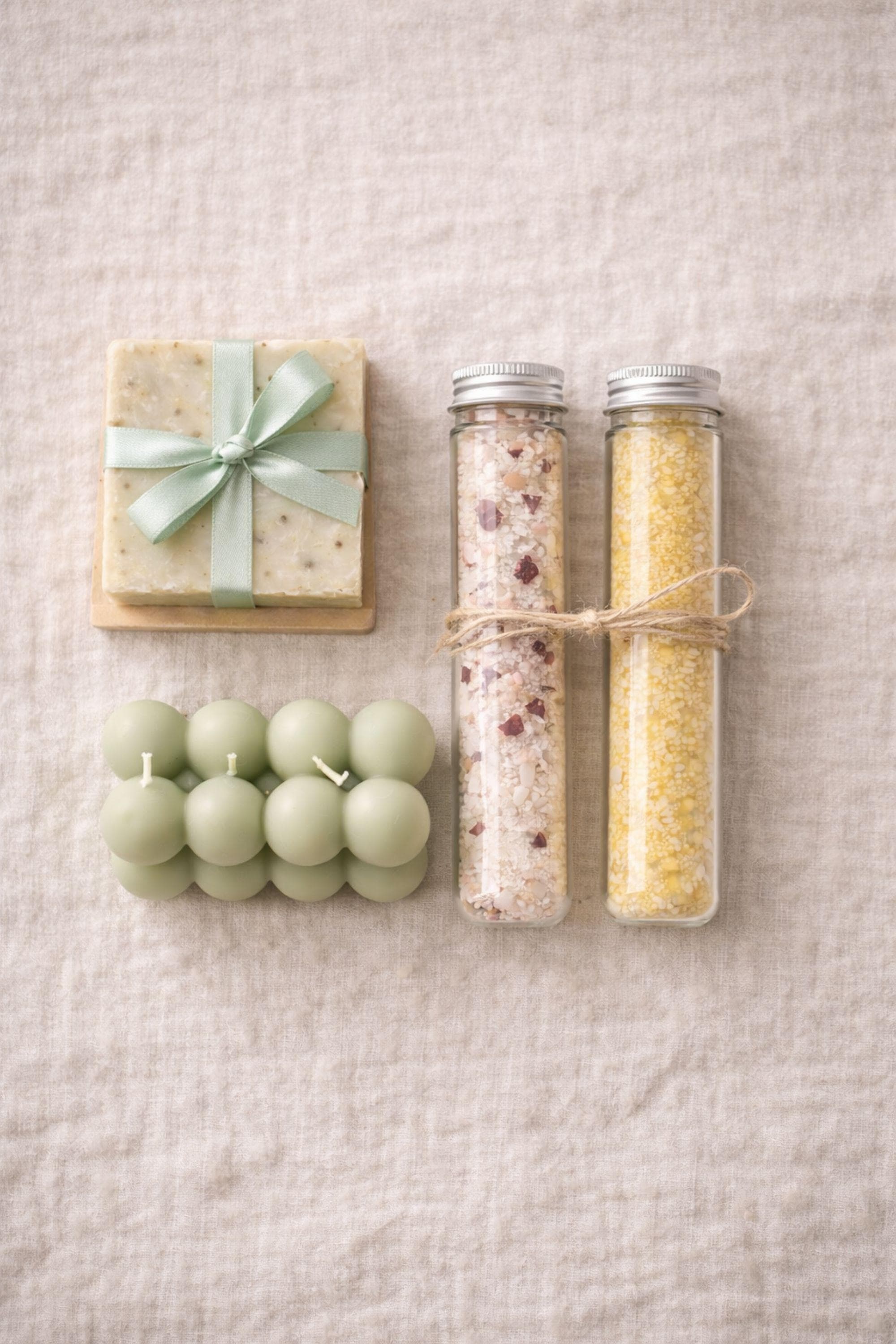 Flat lay of minimalist gift box contents including handmade sage bubble candles, natural soap, and two glass tubes of bath salts arranged on a neutral background. Cozy candle and soap set designed for calm home moments, minimalist self care, and everyday relaxation, showcasing simple handmade items with a clean, balanced composition.