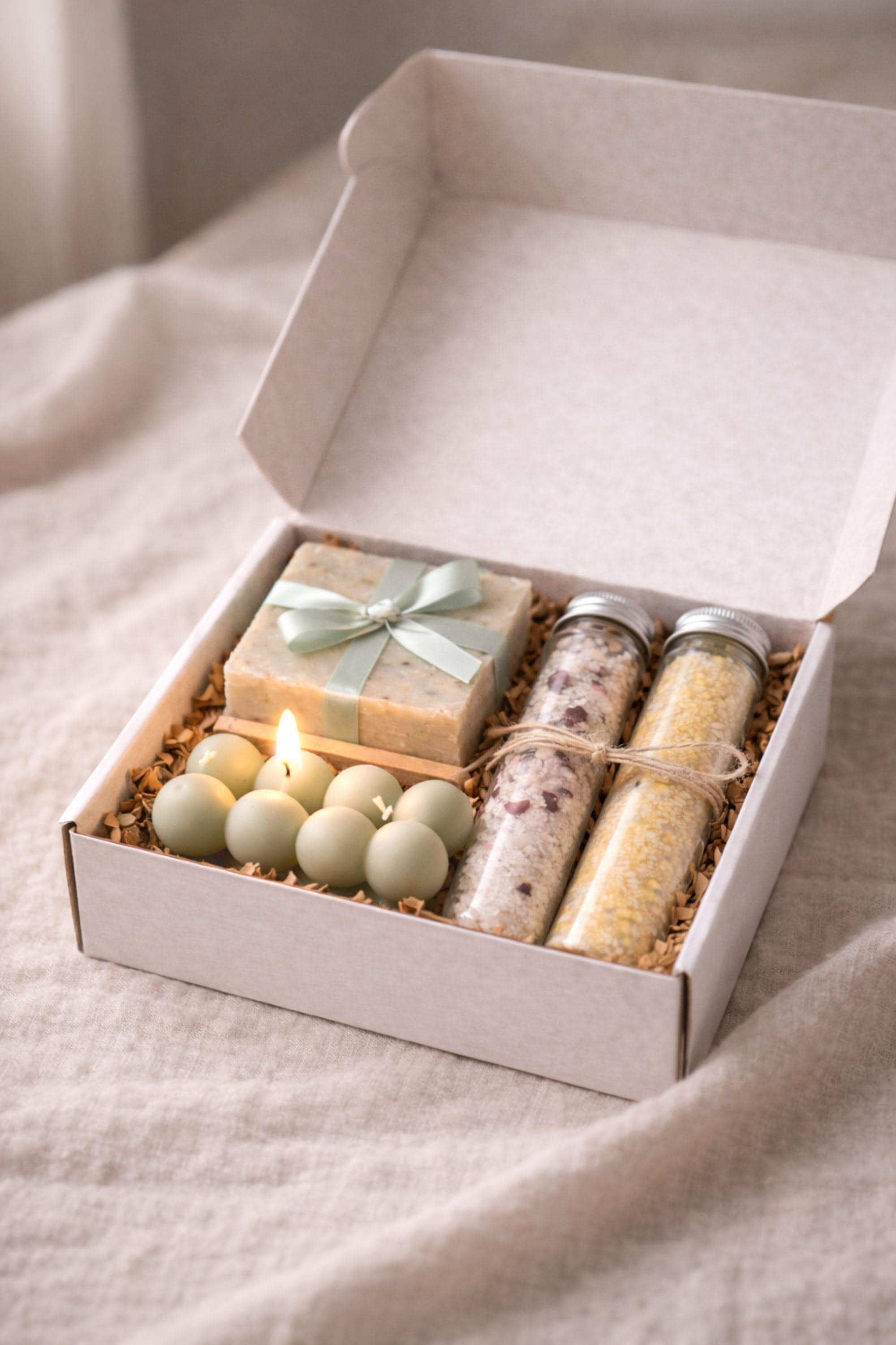 Soft aesthetic detail of a minimalist gift box with a lit sage candle, handmade soap, and bath salt tubes arranged in warm natural light. Cozy candle and soap set created for calm home rituals, slow evenings, and simple self care moments, emphasizing texture, warmth, and a neutral minimalist style.