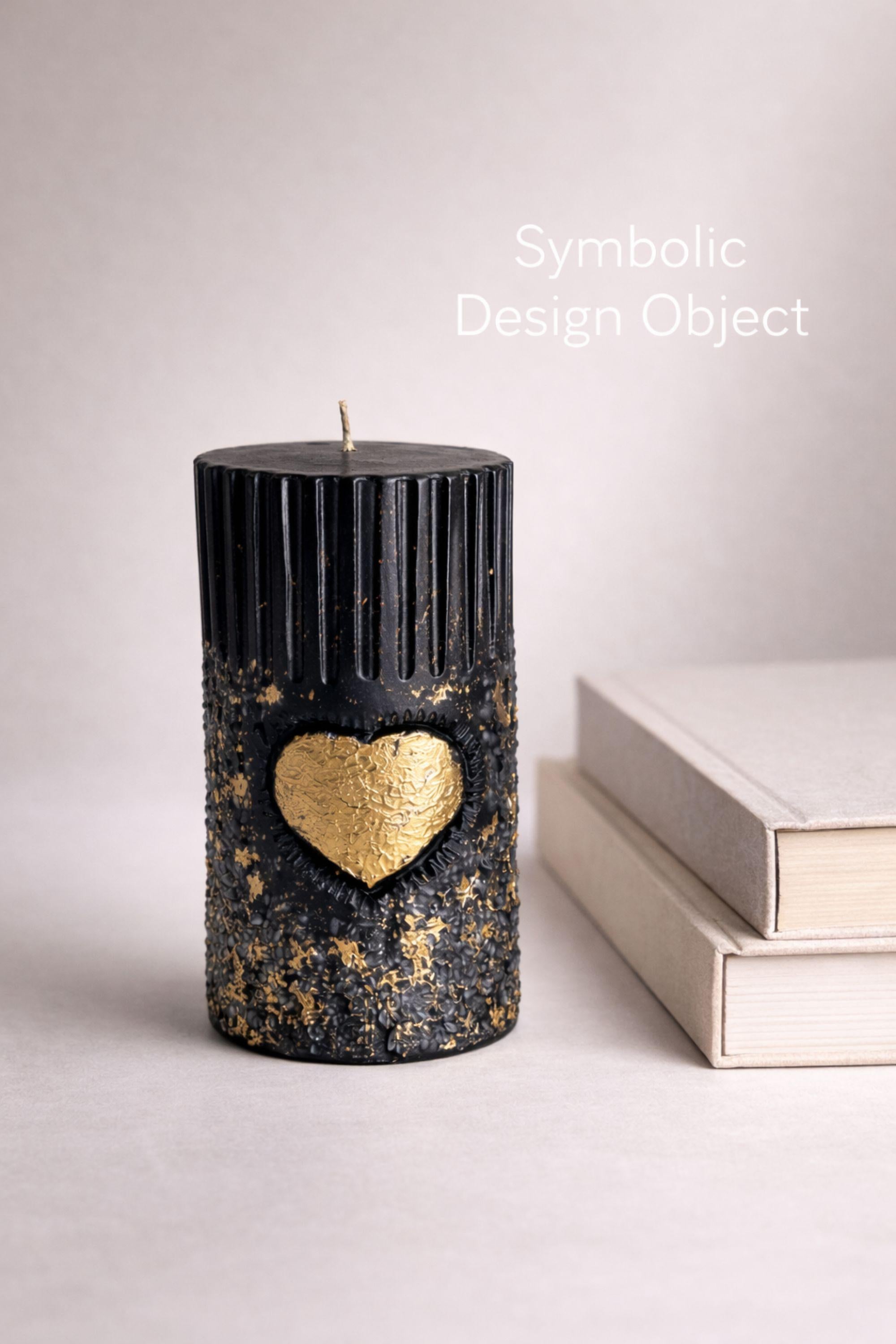Modern sculptural black candle with gold heart detail, luxury decorative candle, minimalist home decor accent, artistic statement candle, unique gift for her, black and gold aesthetic candle