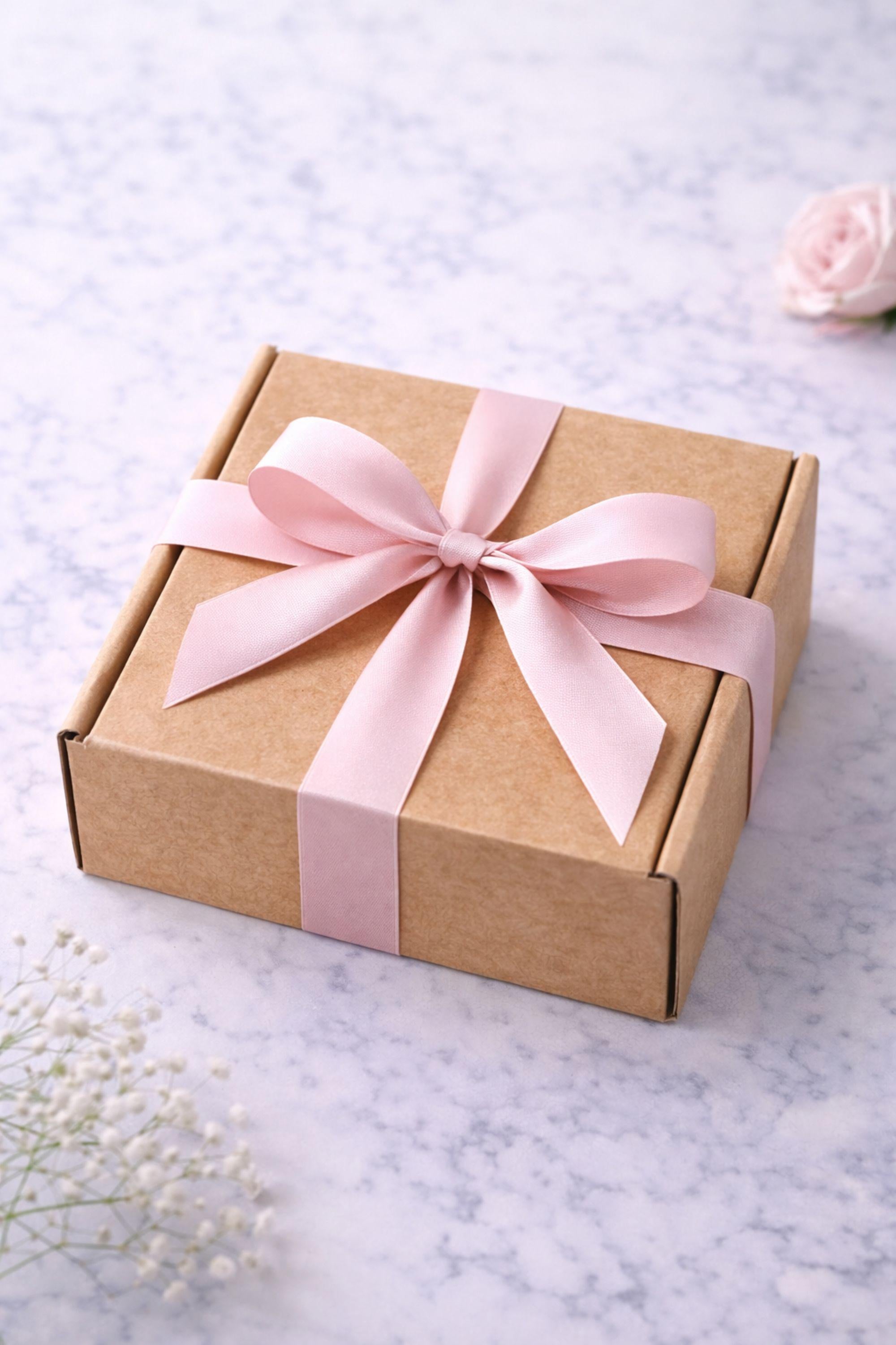 Closed handmade gift box for her wrapped neatly with ribbon and placed on a light background. Small 6x6 inch kraft gift box ready to give, featuring a cozy handmade candle and soap set designed as a thoughtful and easy gift option for any occasion.