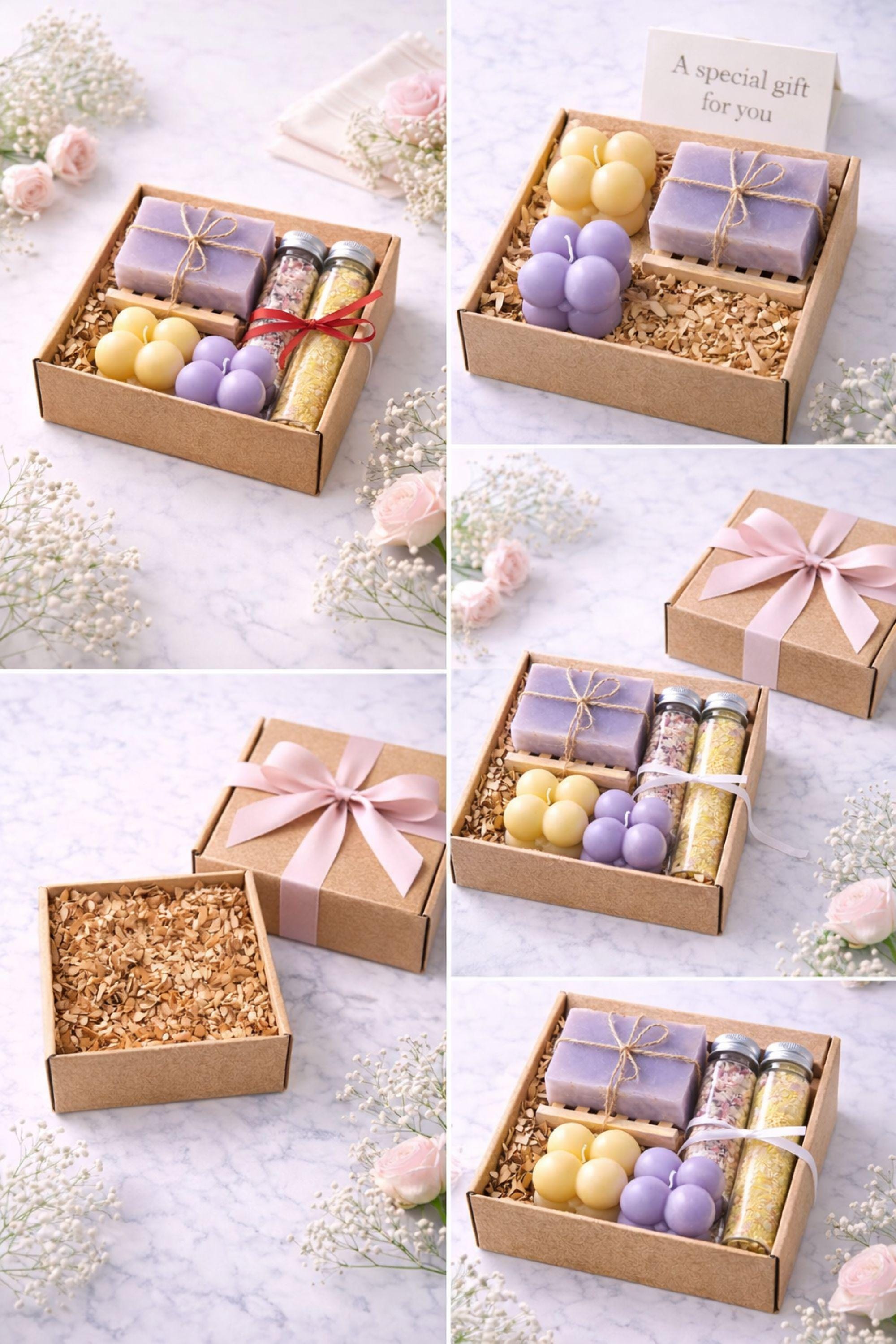 Open handmade gift box for her displayed on a clean light background, featuring colorful bubble candles, natural soap tied with rustic twine, and two glass tubes of bath salts arranged neatly inside a small 6x6 inch kraft box. Universal gift for her designed as a cozy, thoughtful handmade present suitable for birthdays, thank you gifts, or everyday gifting.