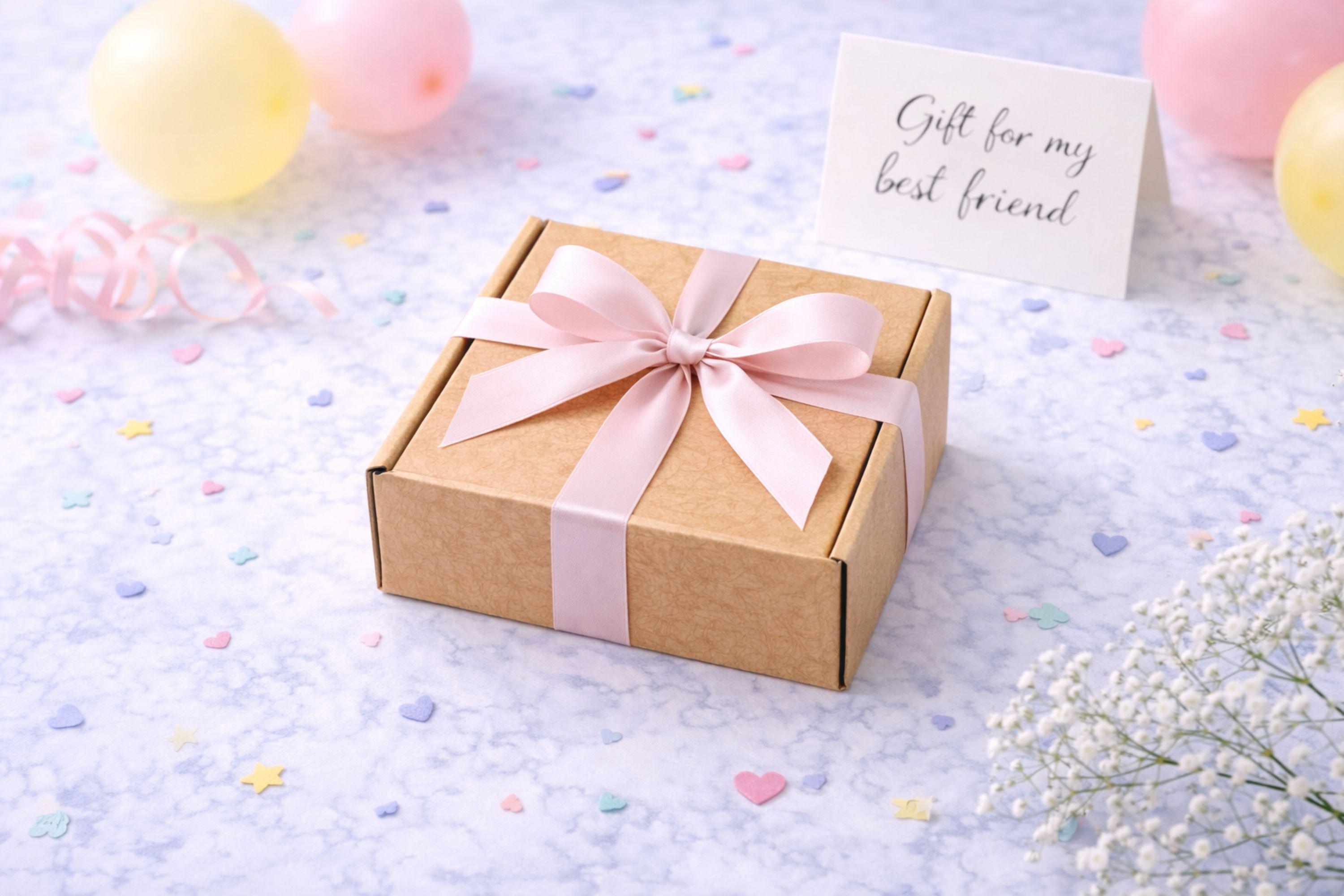 Closed handmade gift box for best friend wrapped with a simple ribbon and placed on a bright background. Compact 6x6 inch kraft box arrives ready to give, featuring a cozy candle and soap set designed as a cheerful and thoughtful gift for a close friend.
