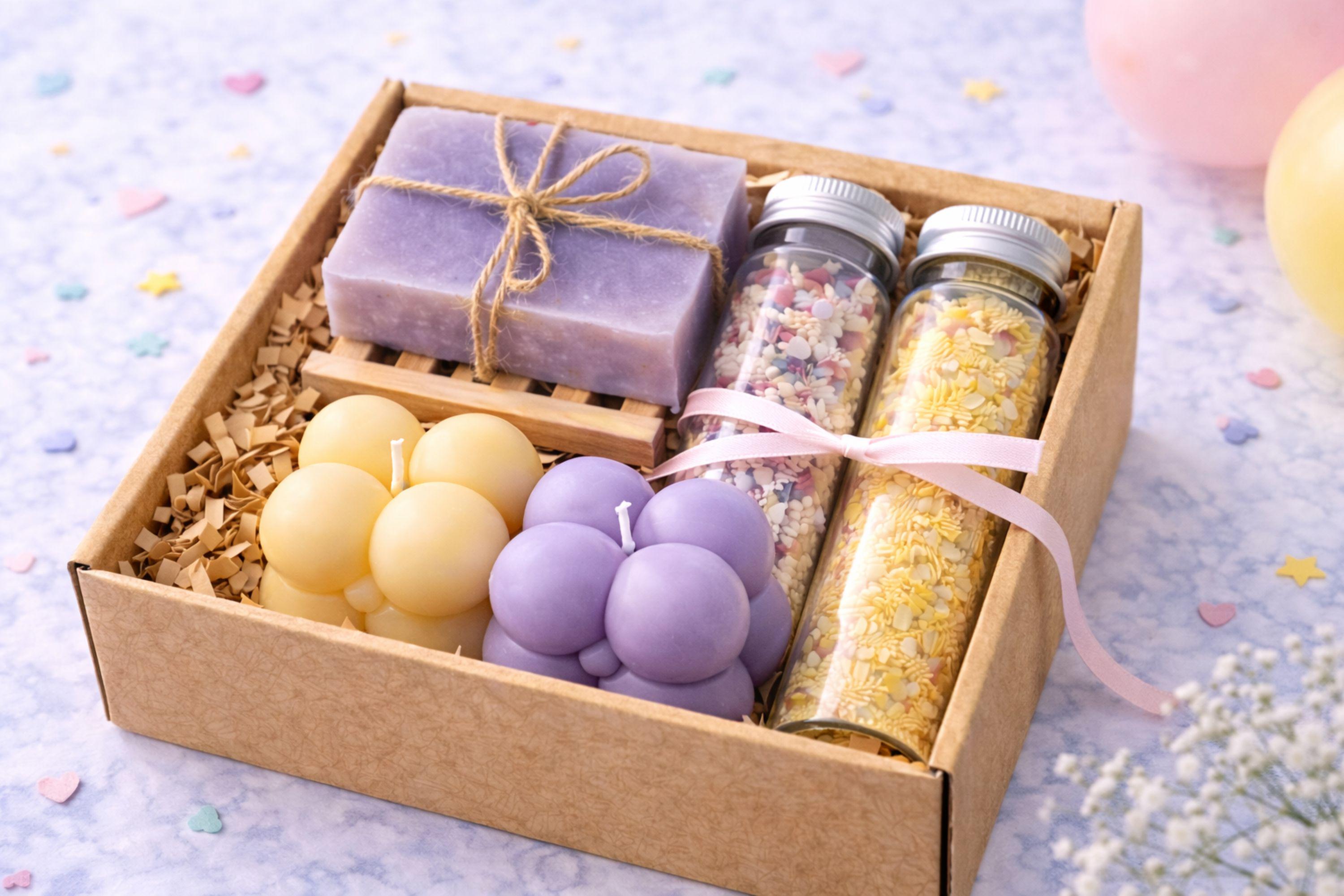 Close-up view of handmade bubble candles in soft pastel colors, natural soap with rustic twine, and bath salts in glass tubes. Detailed texture shot highlighting craftsmanship and playful color accents inside a handmade gift box for best friend, emphasizing quality, warmth, and cheerful presentation.