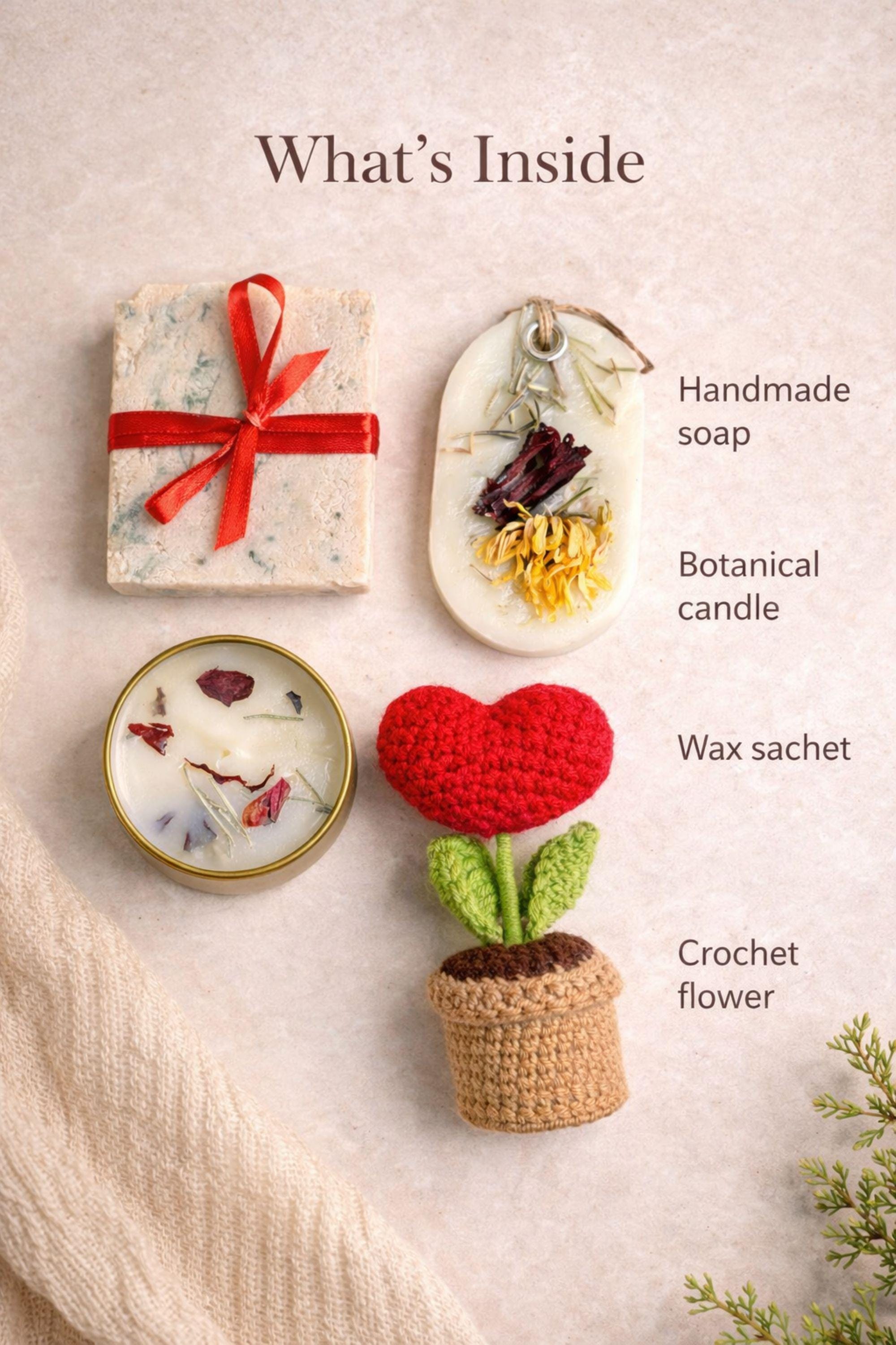 Thinking of you gift box with handmade soap tied with red ribbon, botanical candle in metal tin, wax sachet with dried flowers and crochet flower arranged inside a black gift box. Cozy comfort handmade gift for her, just because care package, small meaningful present for long distance support, encouragement, sympathy or thoughtful gesture. Gift ready handmade box designed to show care, warmth and attention.