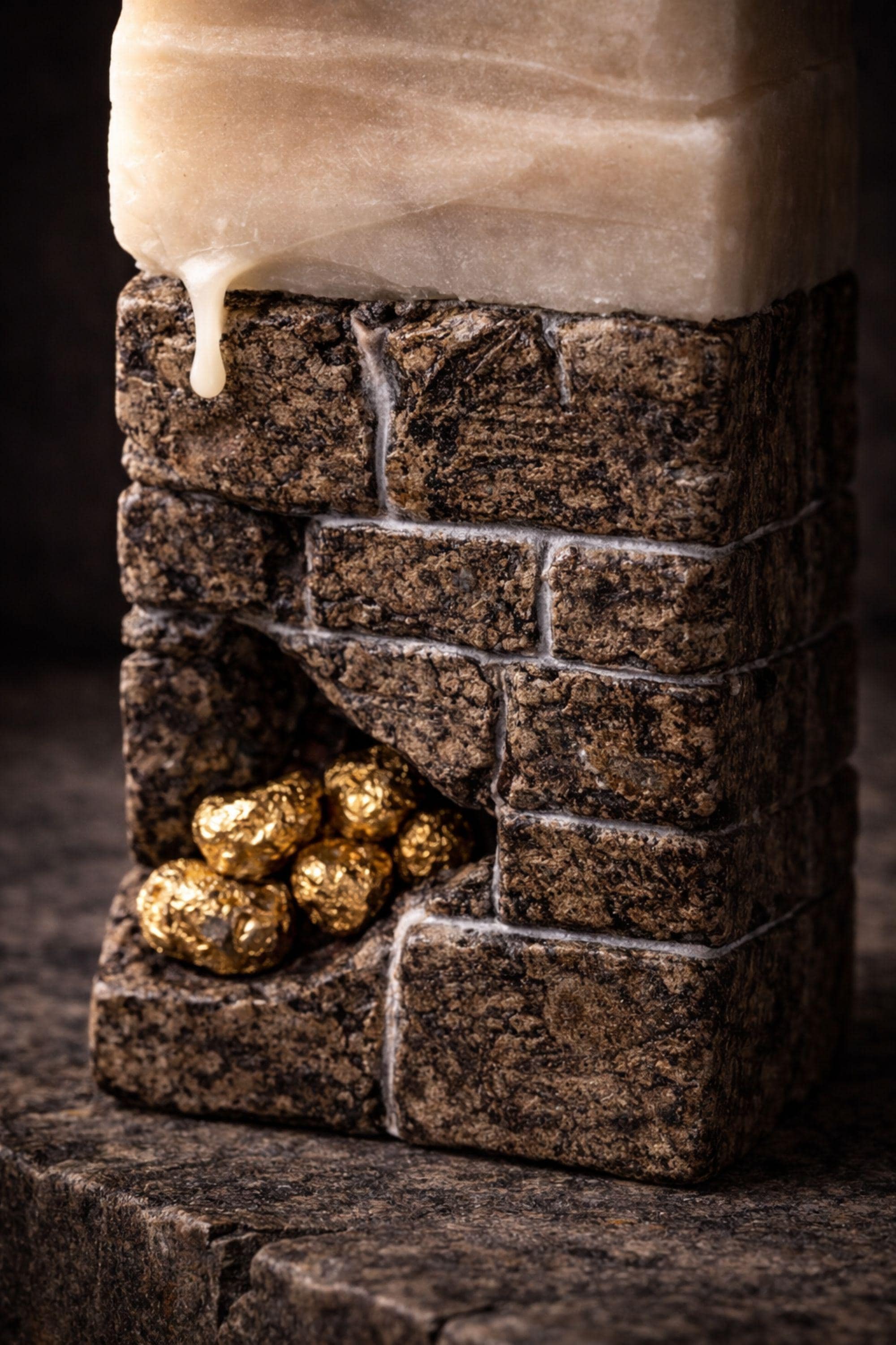 Sculptural candle decor with stone-like texture and gold accents, ideal for modern and minimalist interiors.