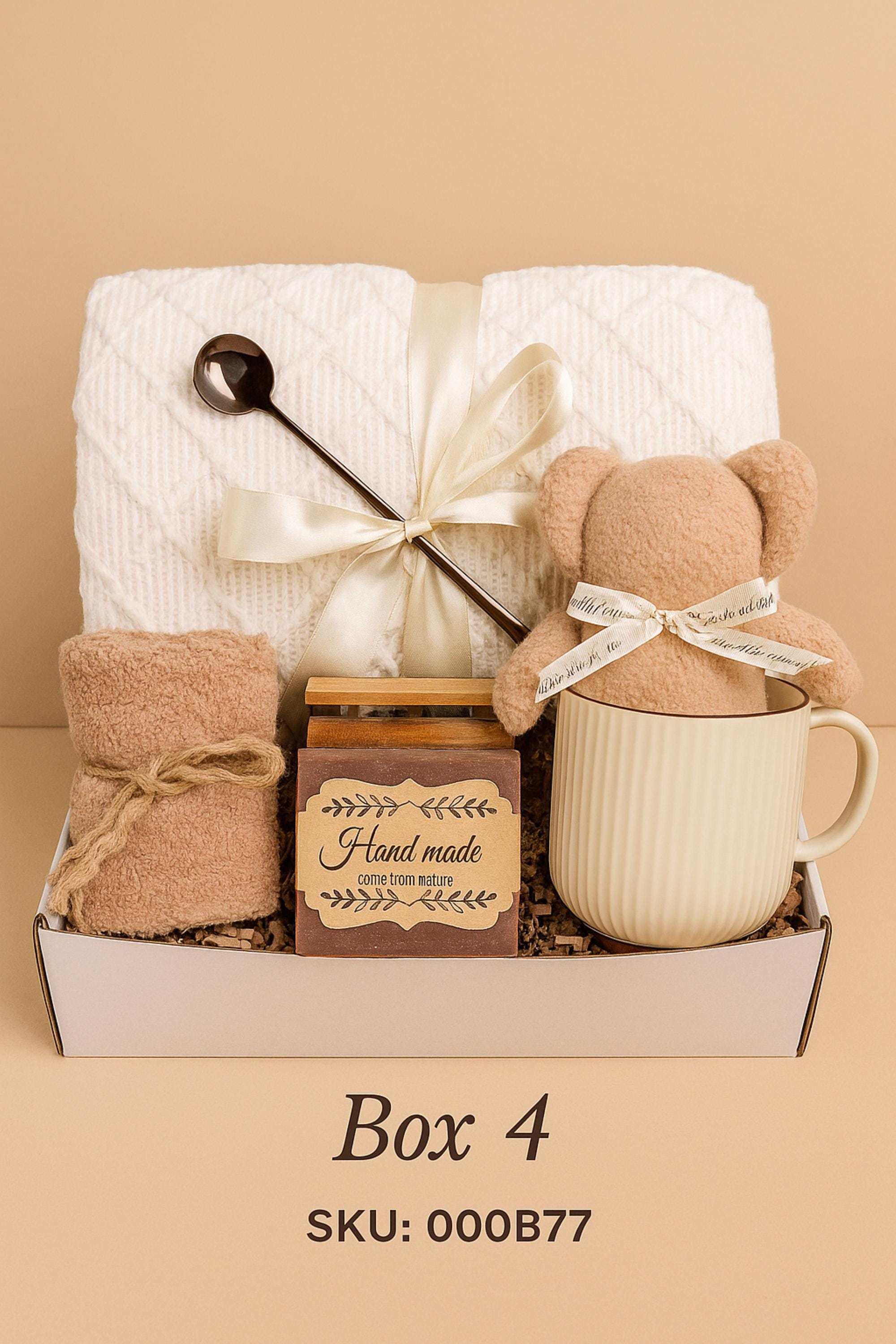 Self Love Reset gift box for women displayed on warm neutral linen background with soft window light, featuring yellow knit blanket, handmade natural soap, pastel bubble candles, citrus wax tablet with dried orange slices, ceramic mug and wooden soap dish. Emotional healing care package for new beginnings, self care gift for her, breakup recovery support box, thoughtful reset present.