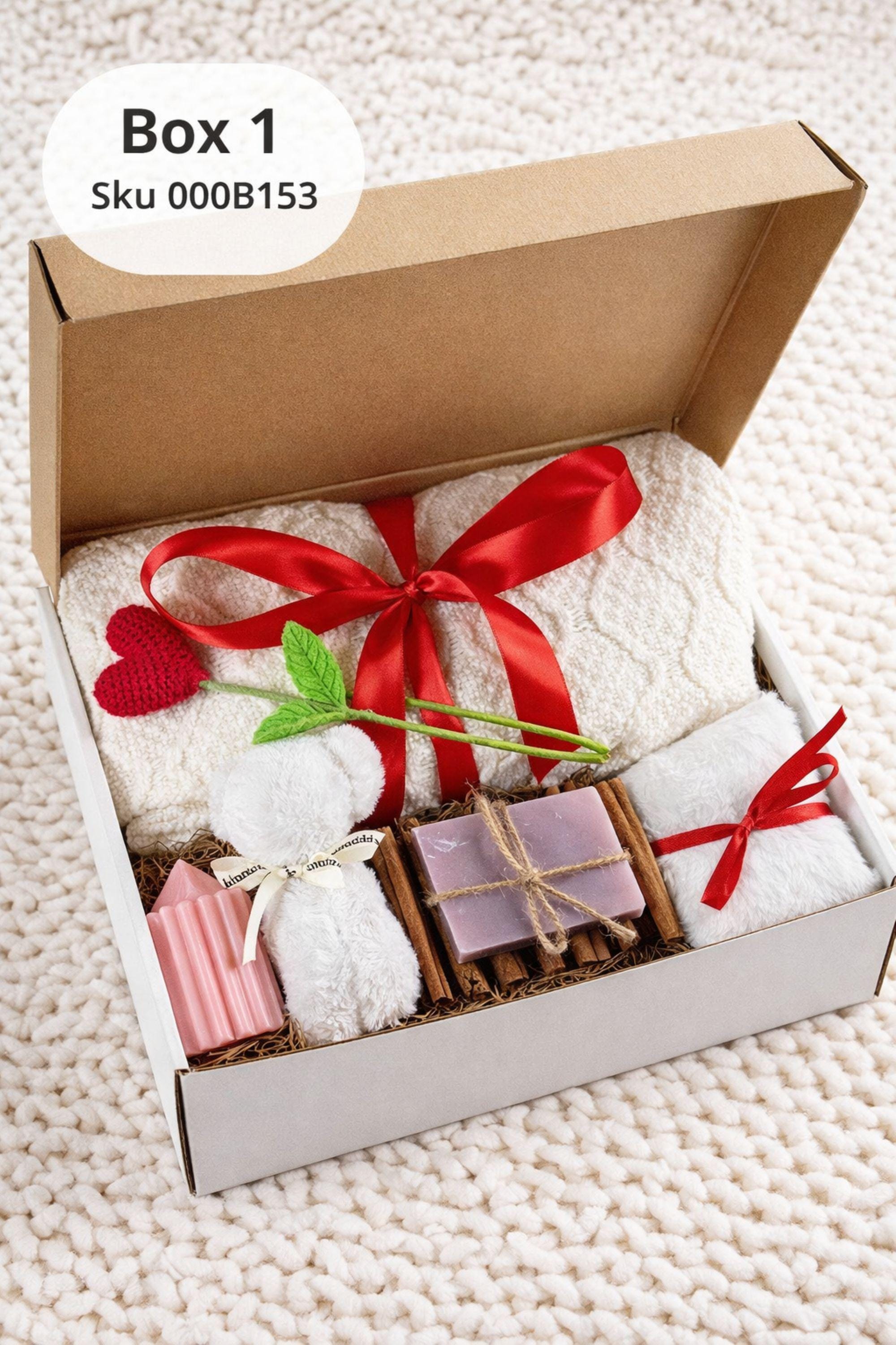Valentine gift box with soft cozy blanket, candle, handmade soap, plush comfort items, and romantic heart details arranged in a gift-ready box. This cozy romantic Valentine care package is designed to send love, warmth, and comfort, perfect for long distance Valentine gifting, self love moments, or a thoughtful romantic surprise for her.