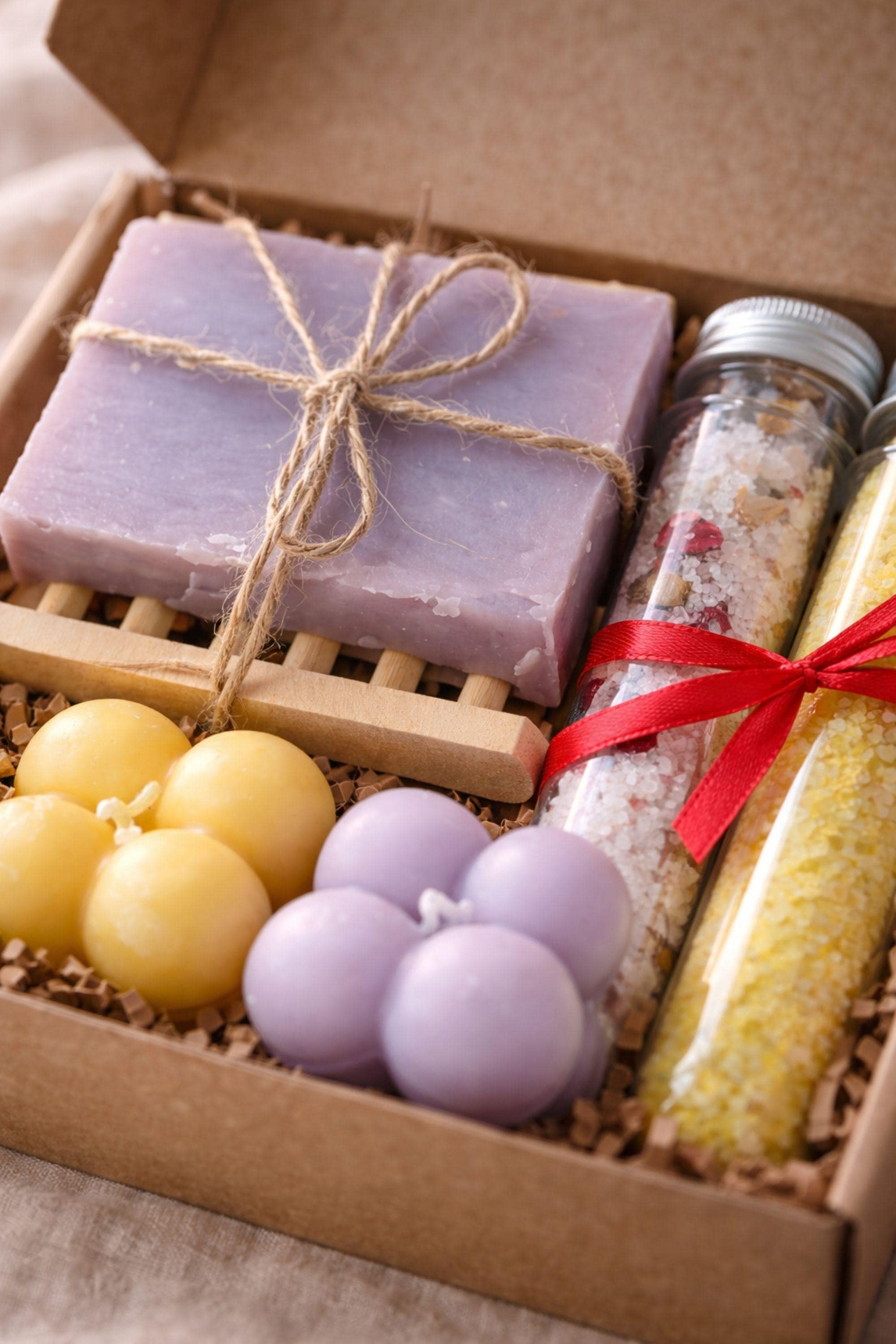 Close-up view of handmade bubble candles in soft yellow and lavender tones, natural soap wrapped with rustic twine, and bath salts in glass tubes. Detailed texture shot highlighting small-batch craftsmanship and cozy materials inside a handmade gift box for mom, emphasizing quality, warmth, and thoughtful presentation.